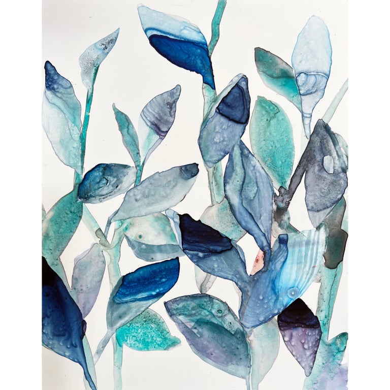 Rachel Kohn Still-Life - Blue Leaves 2, a botanical plant still life watercolor painting in teal