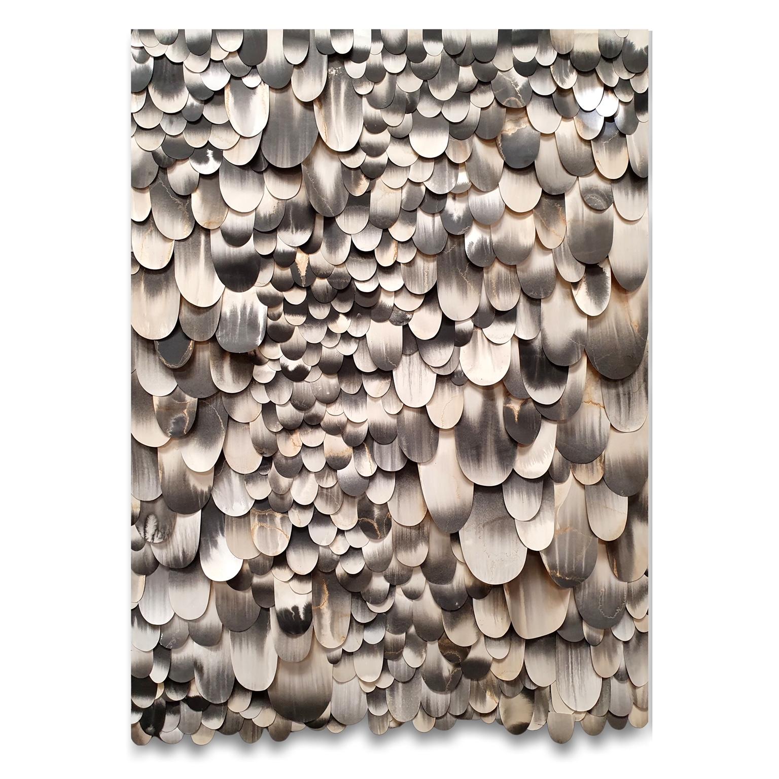 Carolynn Haydu Abstract Drawing - Rain, textural monochromatic paper assembladge in cream and gray