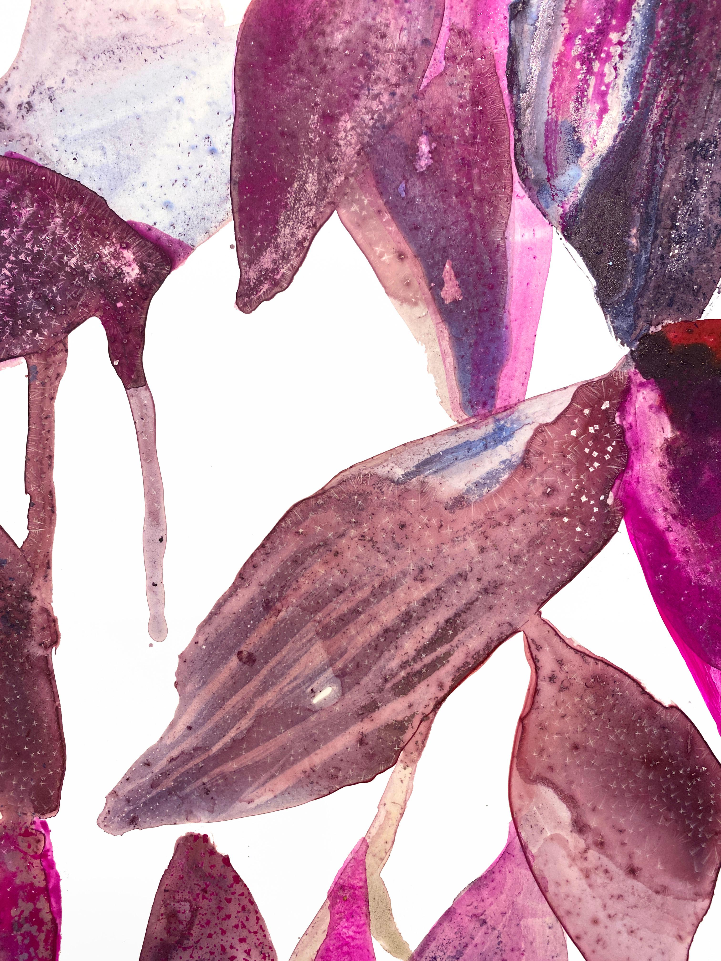 Watercolor and ink is applied in multiple layers creating plays on color from deep magenta to burgundy and soft notes of various shades of purple creating a painterly approach to representational painting of plant life. Her representation of