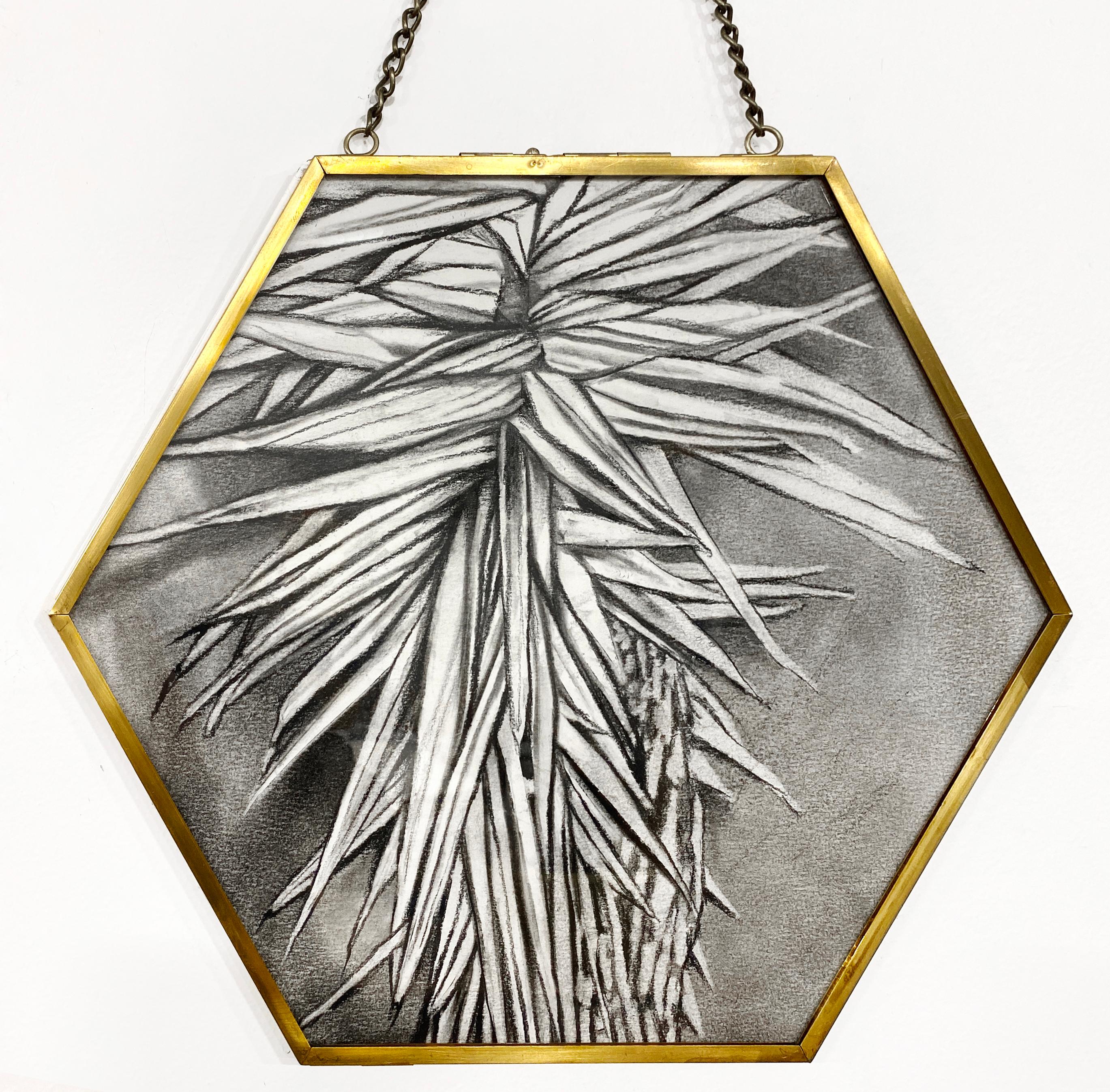 Black & White Botanical Charcoal & Graphite Drawing in Metal Hexagon Frame - Art by Rachel Kohn