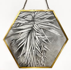Black & White Botanical Charcoal & Graphite Drawing in Metal Hexagon Frame