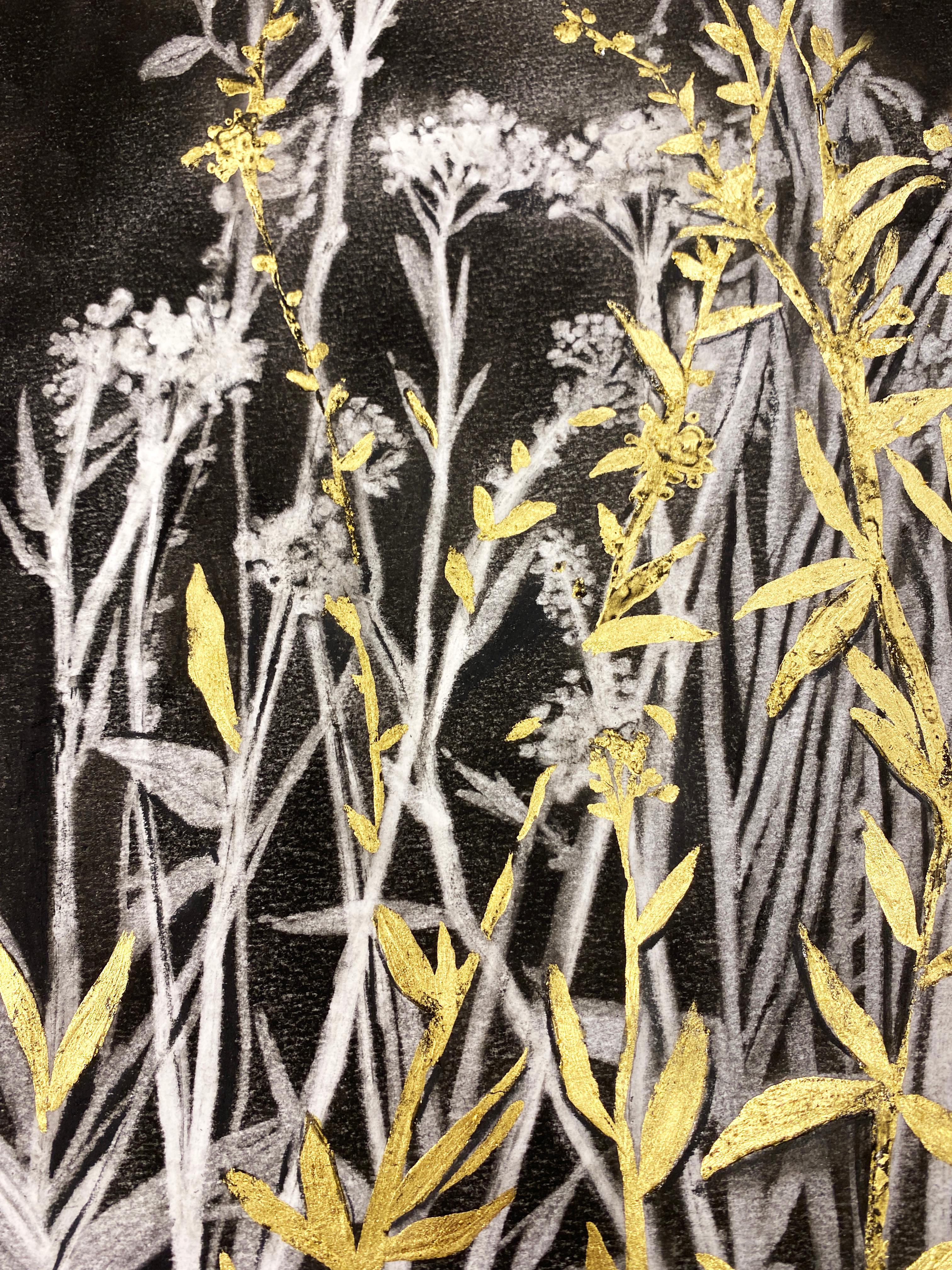 Black & White Botanical Charcoal Drawing with Gold Leaf in Metal Hexagon Frame - Art by Rachel Kohn