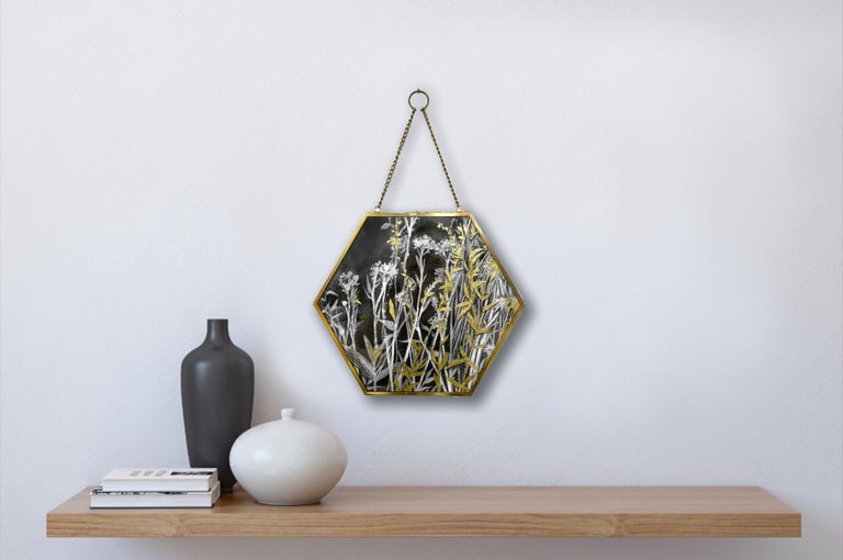 Black & White Botanical Charcoal Drawing with Gold Leaf in Metal Hexagon Frame - Contemporary Art by Rachel Kohn
