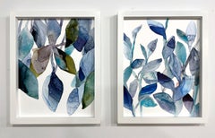 Blaue Blätter 1, botanisches, malerisches Pflanzenaquarell in Blau und Teal
