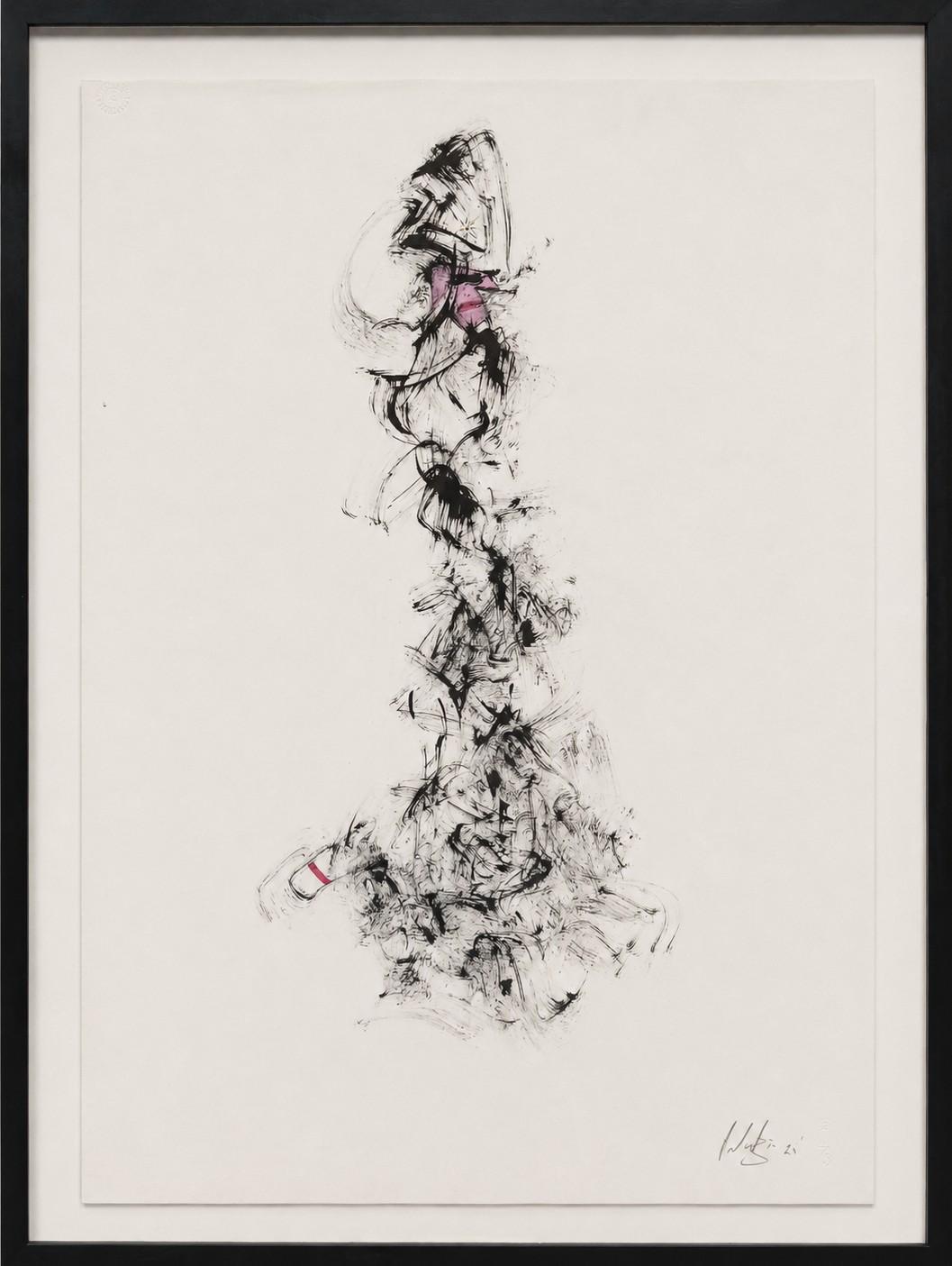 Framed Minimalist Figurative Ink on Archival Paper Painting with Hints of Pink