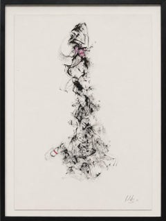 Gerahmtes, minimalistisches, figuratives Tuschegemälde auf Archivpapier mit einem Hauch von Rosa