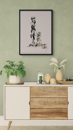Framed Minimalist Figurative Ink on Archival Paper Painting with Green & Orange