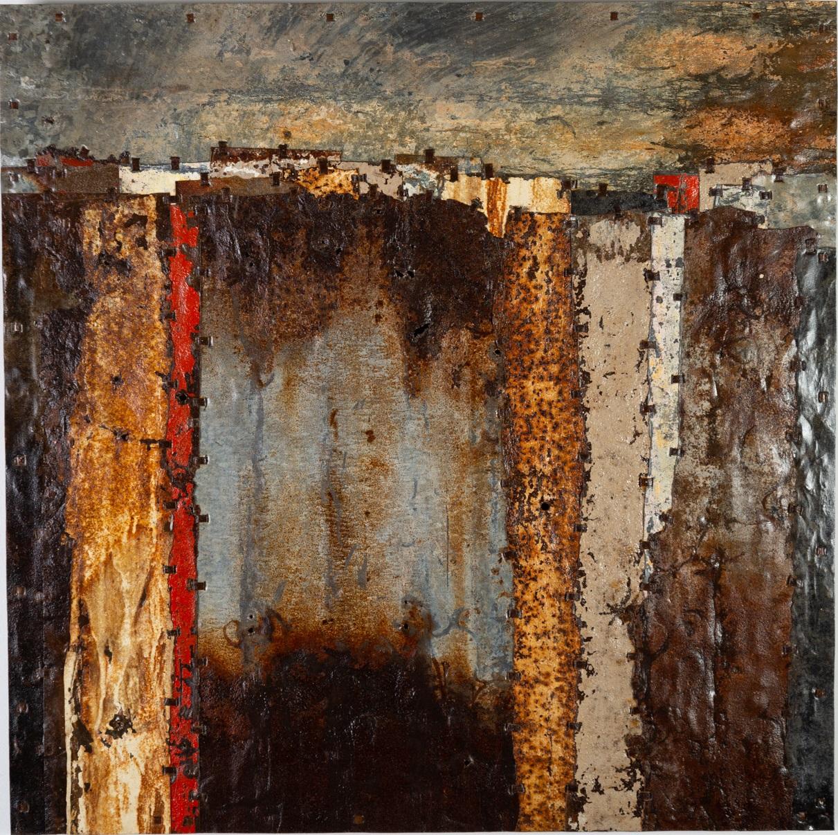 Mark Hilltout Abstract Painting - Found Metal Composition "Fences Study 24"