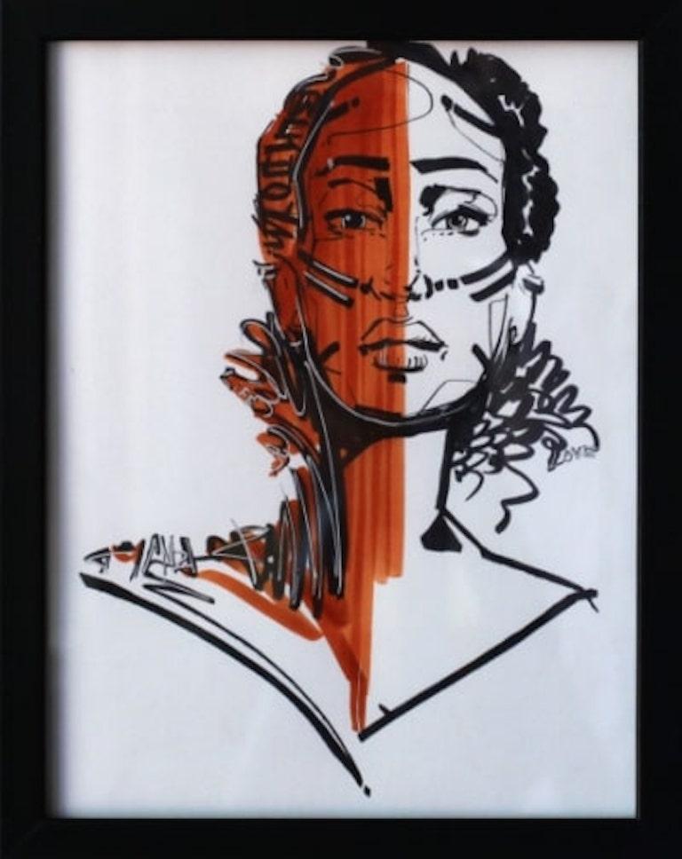 Charlene Mosley Figurative Art - Contemporary Figurative Ink Portrait, "Half and Half"