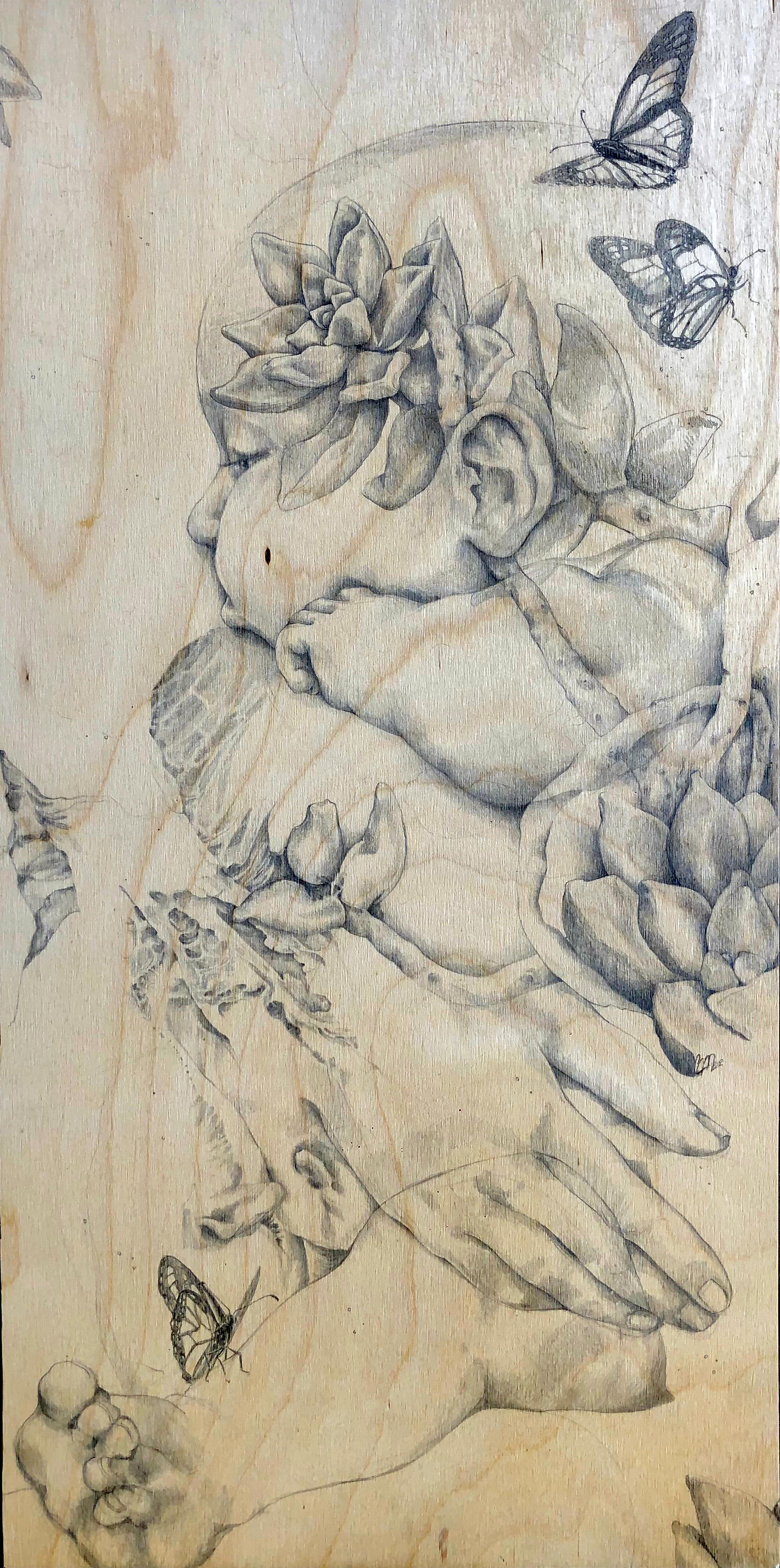 Charlene Mosley Figurative Art - Graphite Drawing on Wood Titled, "Aren't We All Made Of The Same Stardust?"