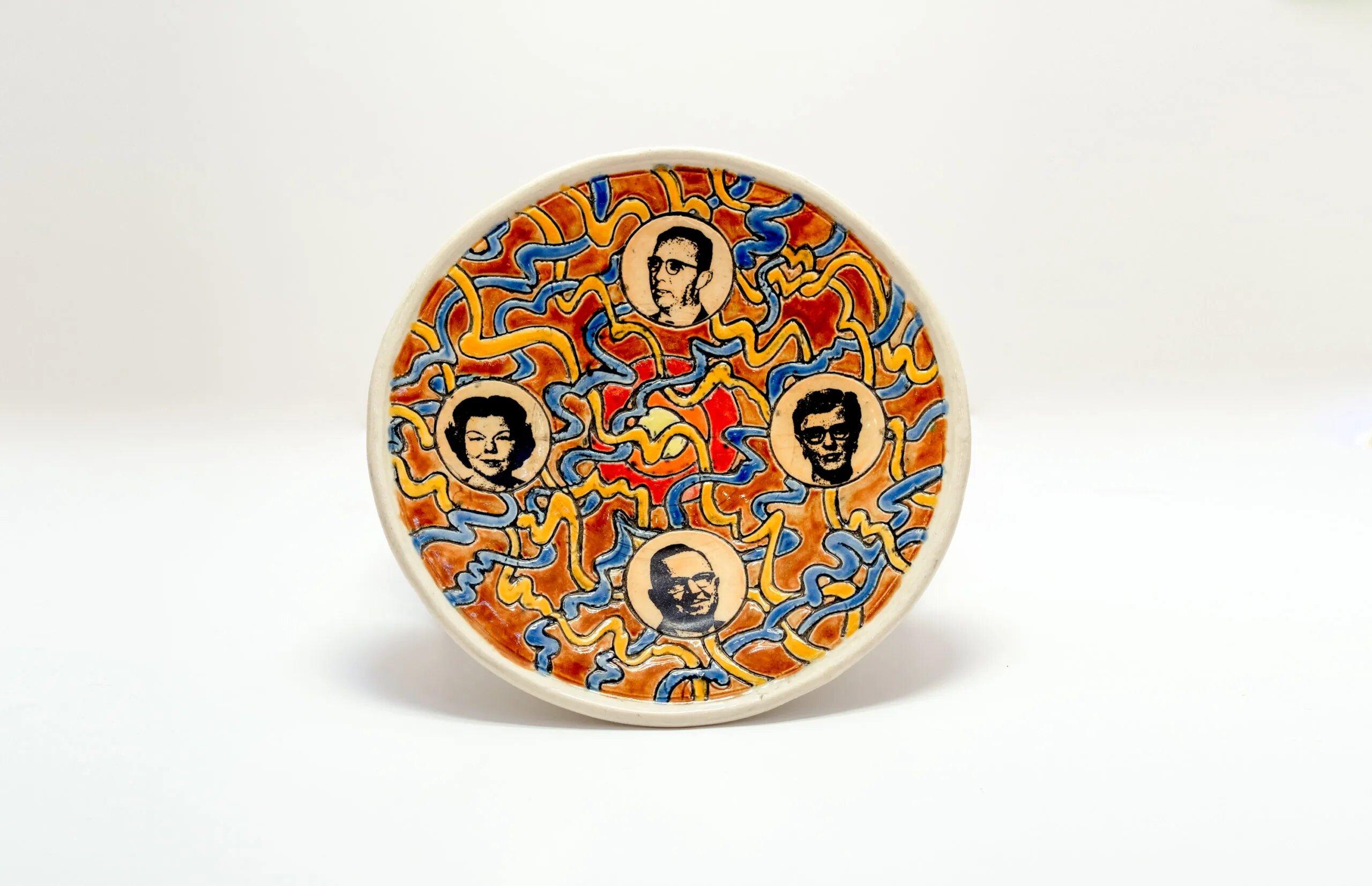Ceramic Orange Avant-Garde Four Faces Hanging Plate - Art by Ron Carlson