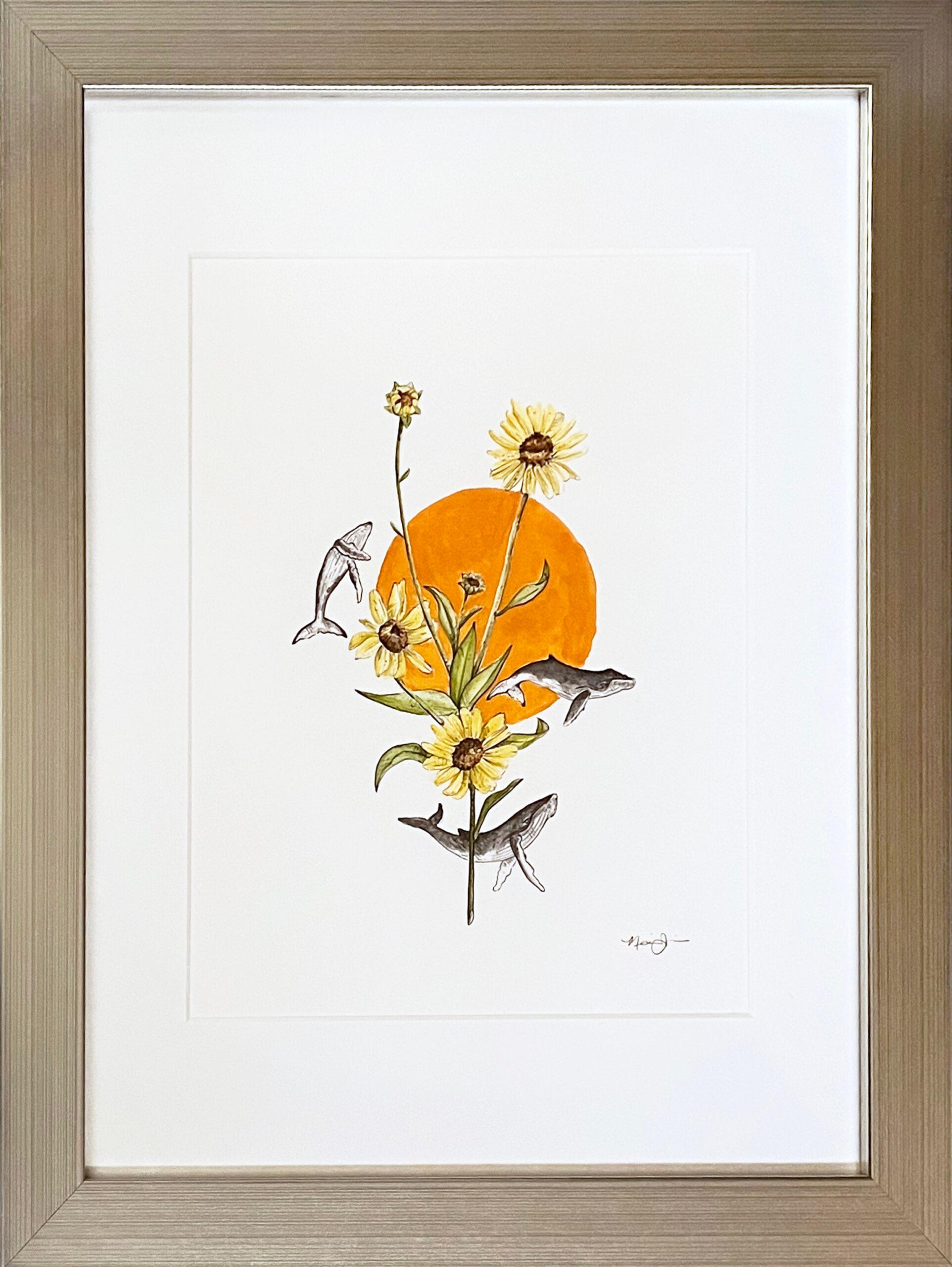 Marissa Quinn Animal Art – Illustrative Aquarell-Nature-Grafikkunst, „Ein Küsten-Sonnenblumen-Tänzer“, 2022
