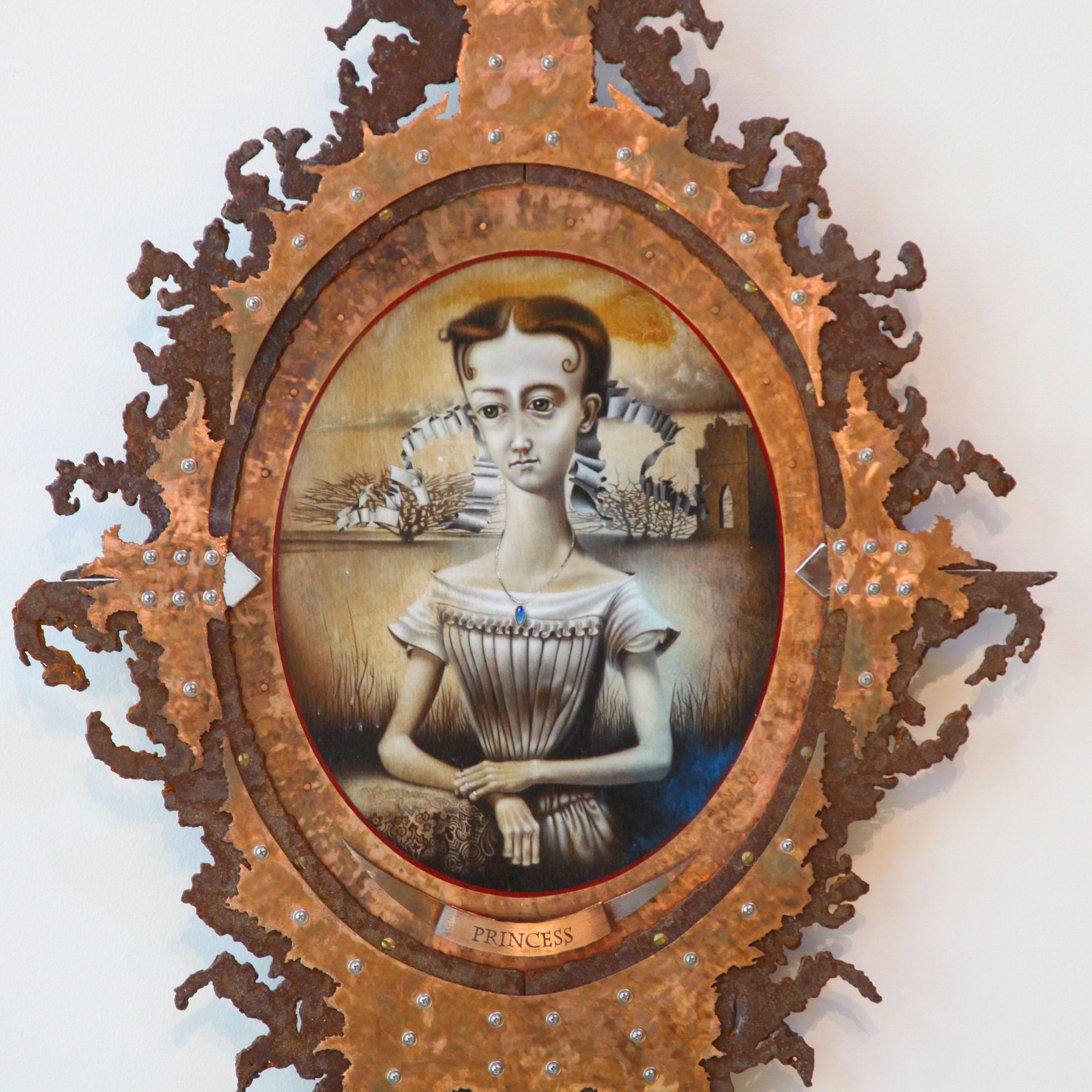 Peinture portrait acrylique d'un réalisme magique de 17 "x 64" x 3" exécutée sur panneau de bois avec encadrement sur mesure par l'artiste Christopher Polentz. Un certificat d'authenticité accompagnera l'œuvre lors de son achat ou de sa