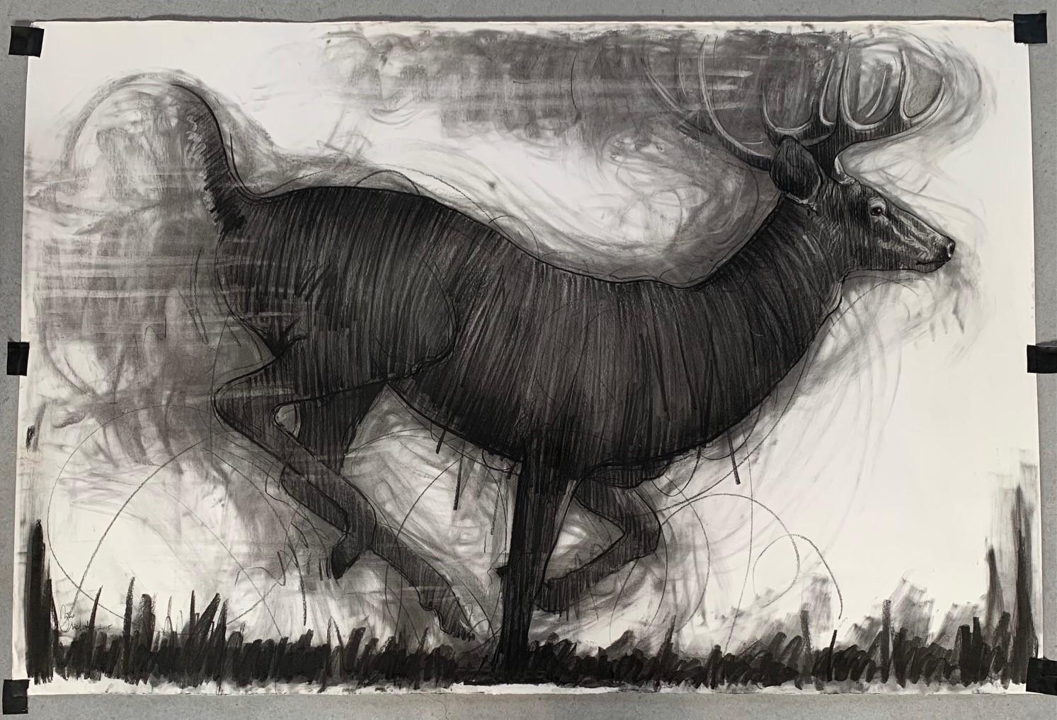 Nico Vrielink Animal Art - Running Deer Drawing on Paper Charcoal In Stock