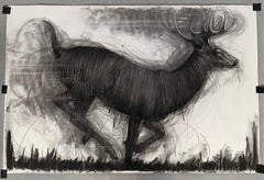 Running Deer Drawing on Paper Charcoal In Stock