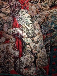 Gobelin in Six Parts Woven Battle with Horses in Red Blue Grey In Stock