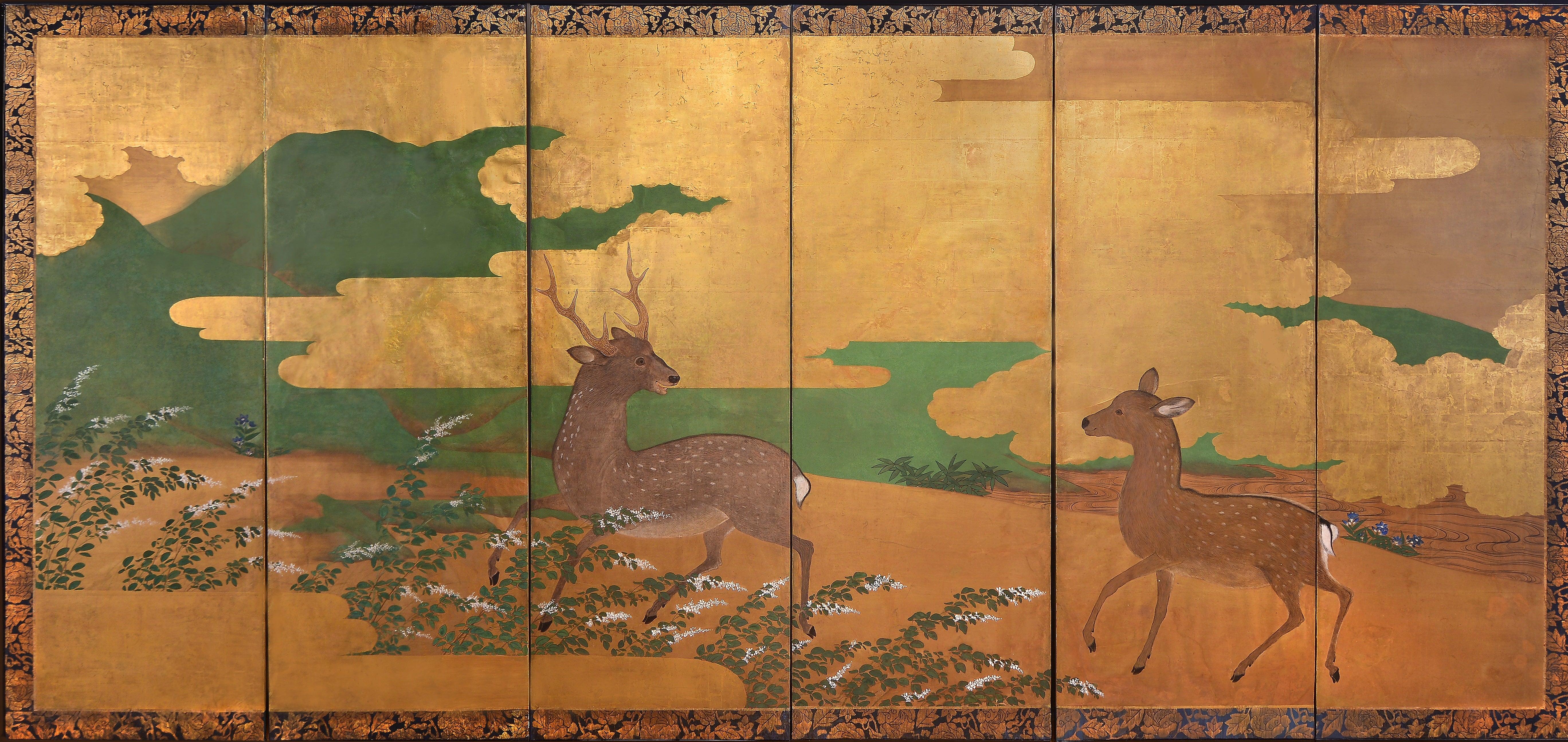 Japanese Edo period six fold screen, gold leaf, ink, and tempera. Tosa school