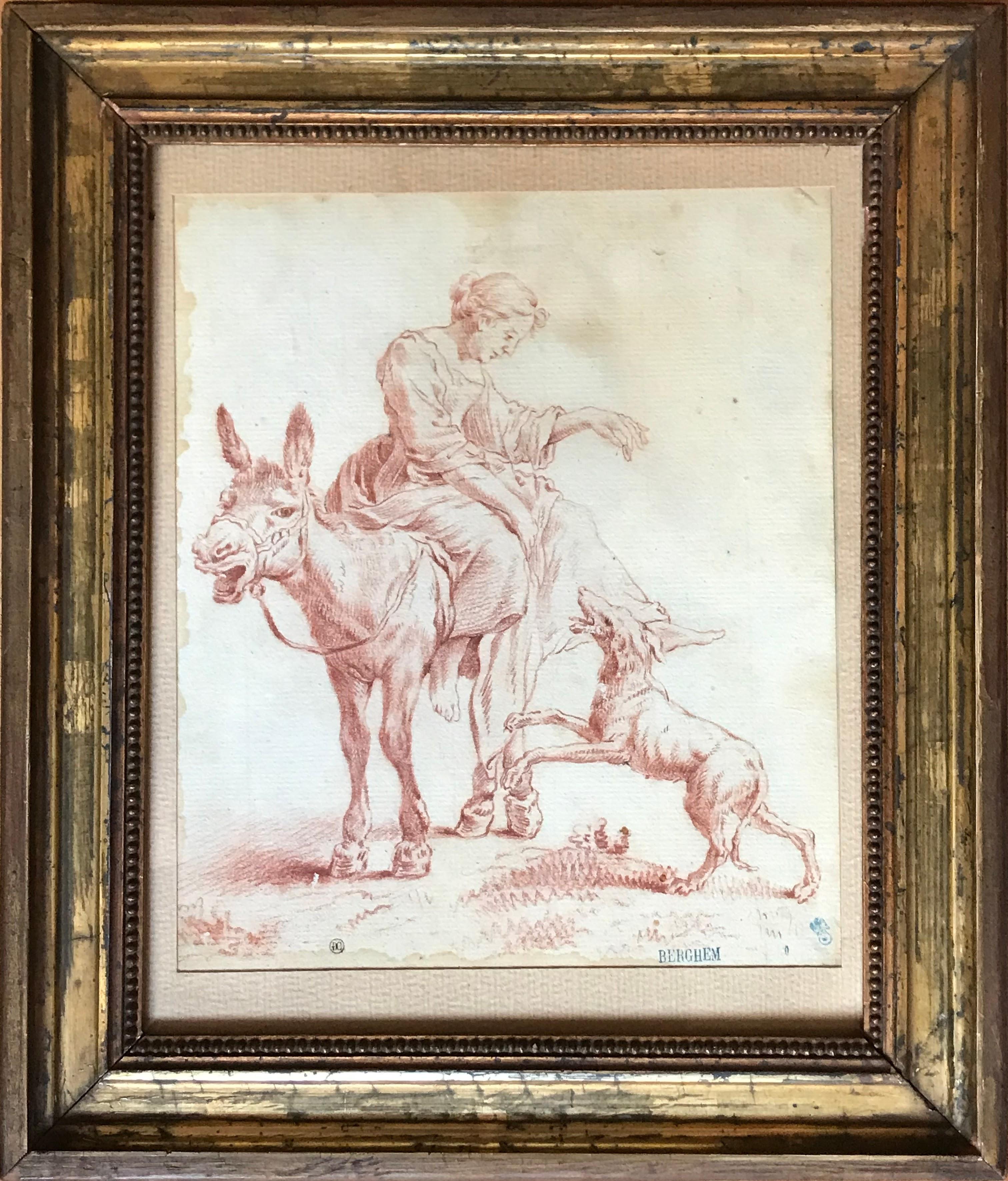 Sanguine drawing "Shepherdess on a Donkey" by Nicolaes Berchem