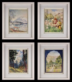 Four Indian landscape paintings by illustrator P. G. Sirur. Bombay school
