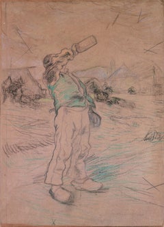 Post-Impressionist Drawing of a Man Drinking, Late 19th Century