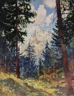 Four Indian landscape paintings by illustrator P. G. Sirur. Bombay school