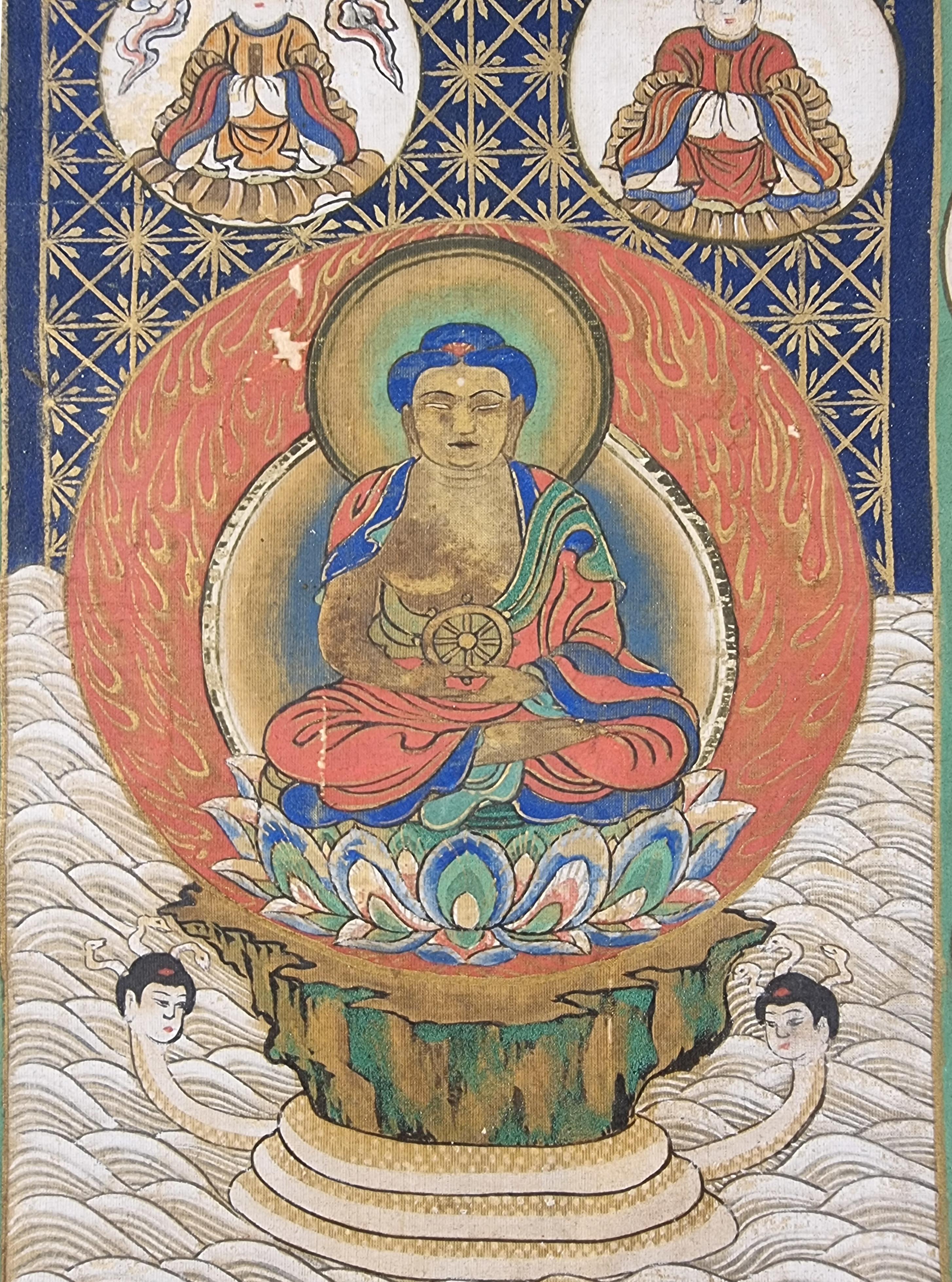Grand thangka du 19e siècle représentant Bouddha. Encadré.