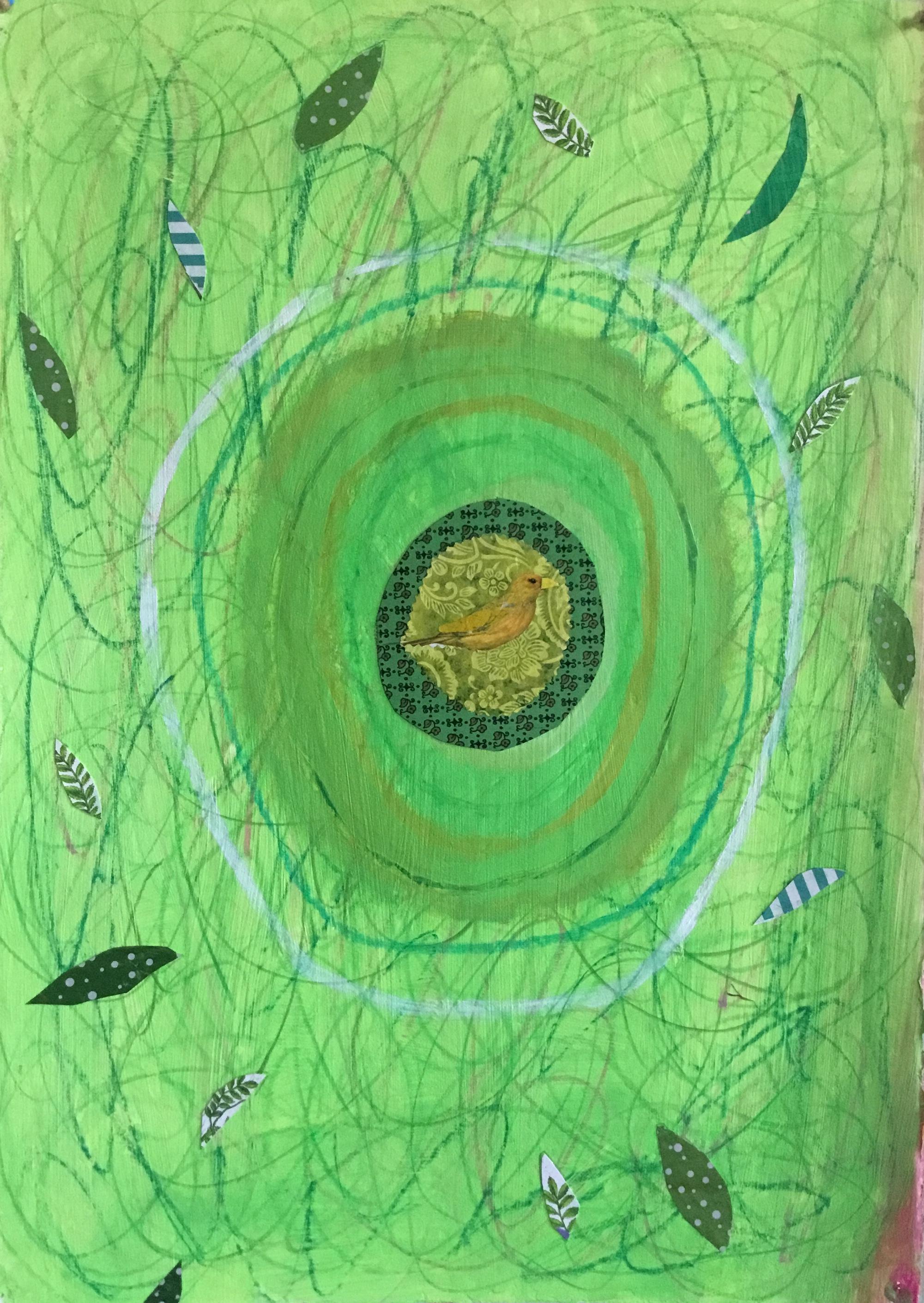 Pam Smilow Abstract Drawing - Mandala Series: Green Gold with Yellow Bird