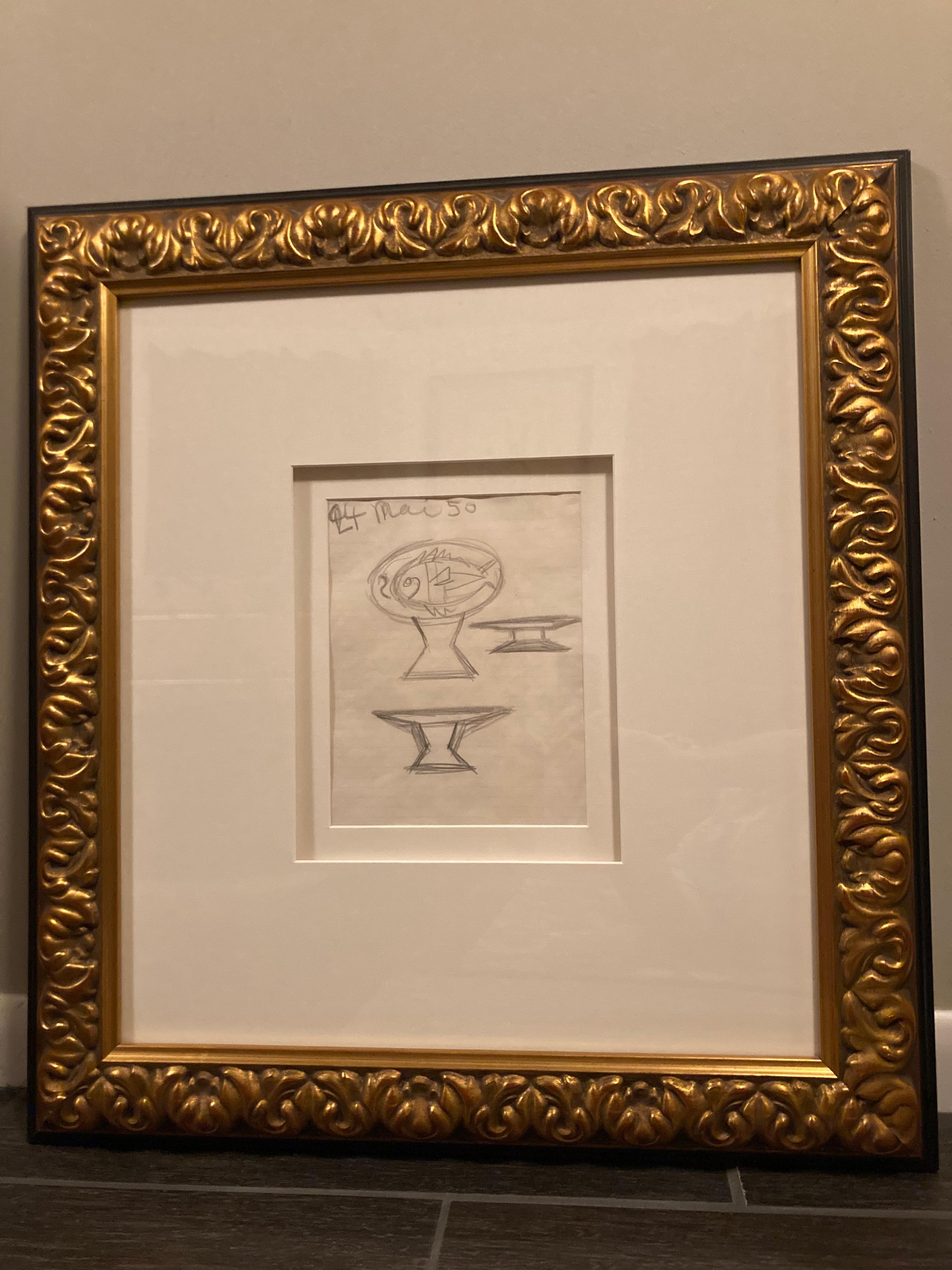 Image is a study for his ceramic works, and consists of three compotiers (fruit dishes). Two of the fruit dishes are side views and are thickly drawn, and the largest and central image is an oval plate atop a fruit dish. In an interesting cubist but