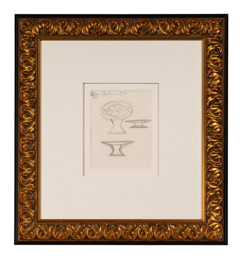 Etude pour Compotier avec Poisson, 24 mai

Par Pablo Picasso
1950

Daté en haut à gauche du papier "24 Mai 50" (24 mai 1950).

Dessin original au crayon sur papier blanc ligné

Daté en gras en haut à gauche du papier "24 Mai 50" (24 mai