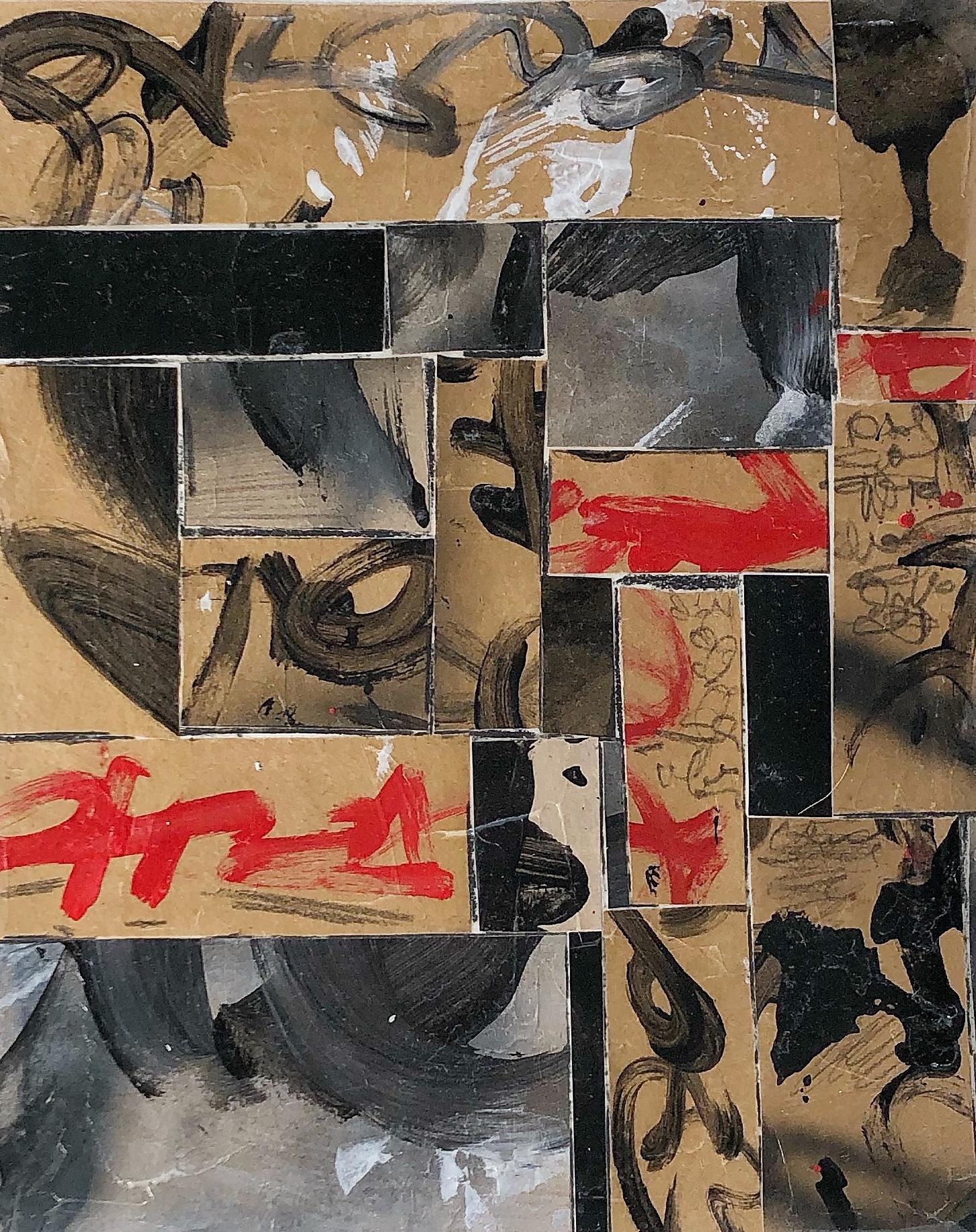 Zach Touchon Abstract Drawing - SALE Black & Red Collage #1015 - Asian Letters & Calligraphy on Watercolor Paper