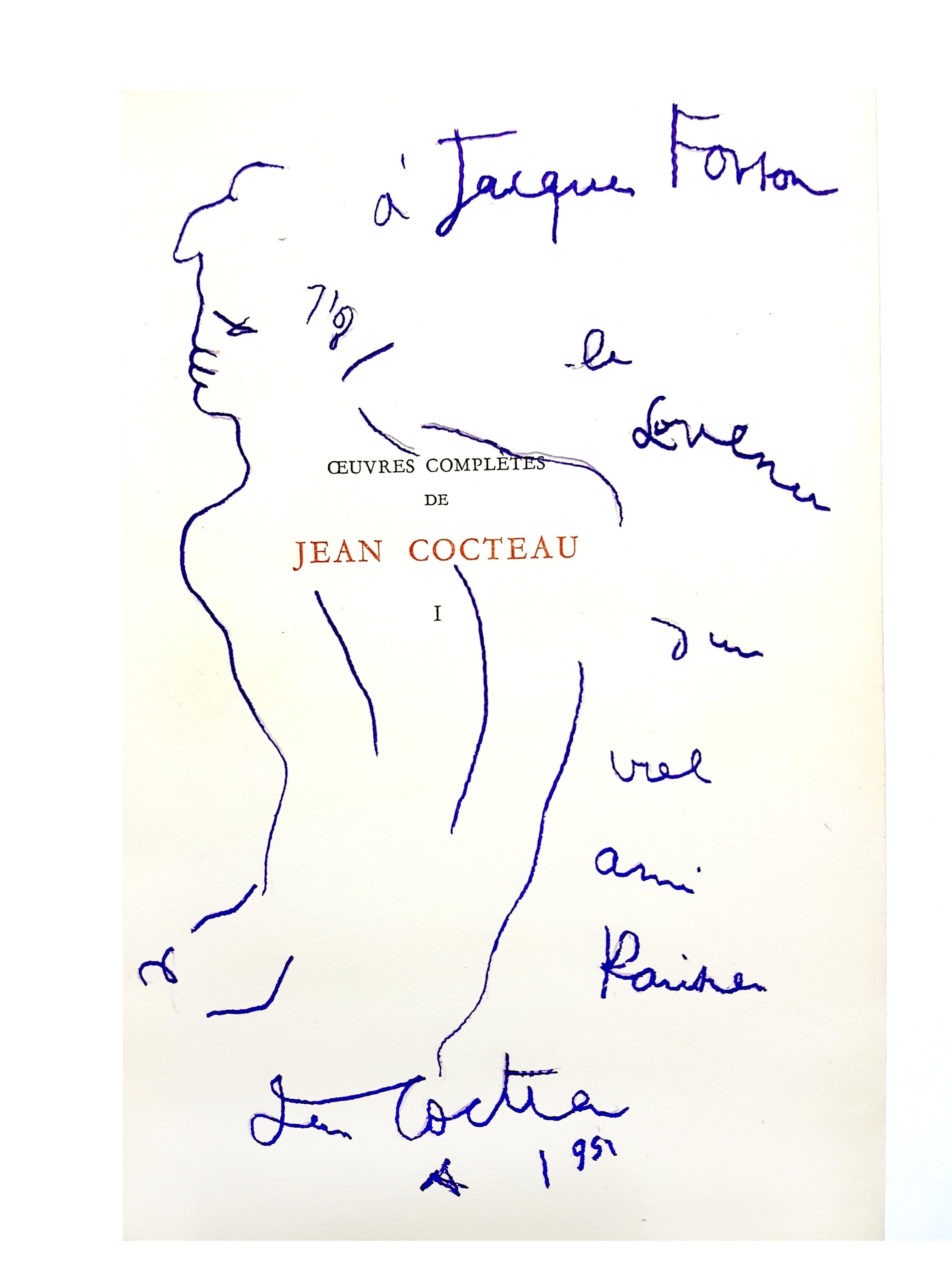 Jean Cocteau 
Außergewöhnliches Exemplar des Gesamtwerks in 9 Bänden, Jacques Fonson gewidmet, 8 mit Originalzeichnungen auf den Seiten
Halber Einband aus rotem Marokko mit Goldprägung
8 Bände, signiert von Cocteau und mit einer Originalzeichnung