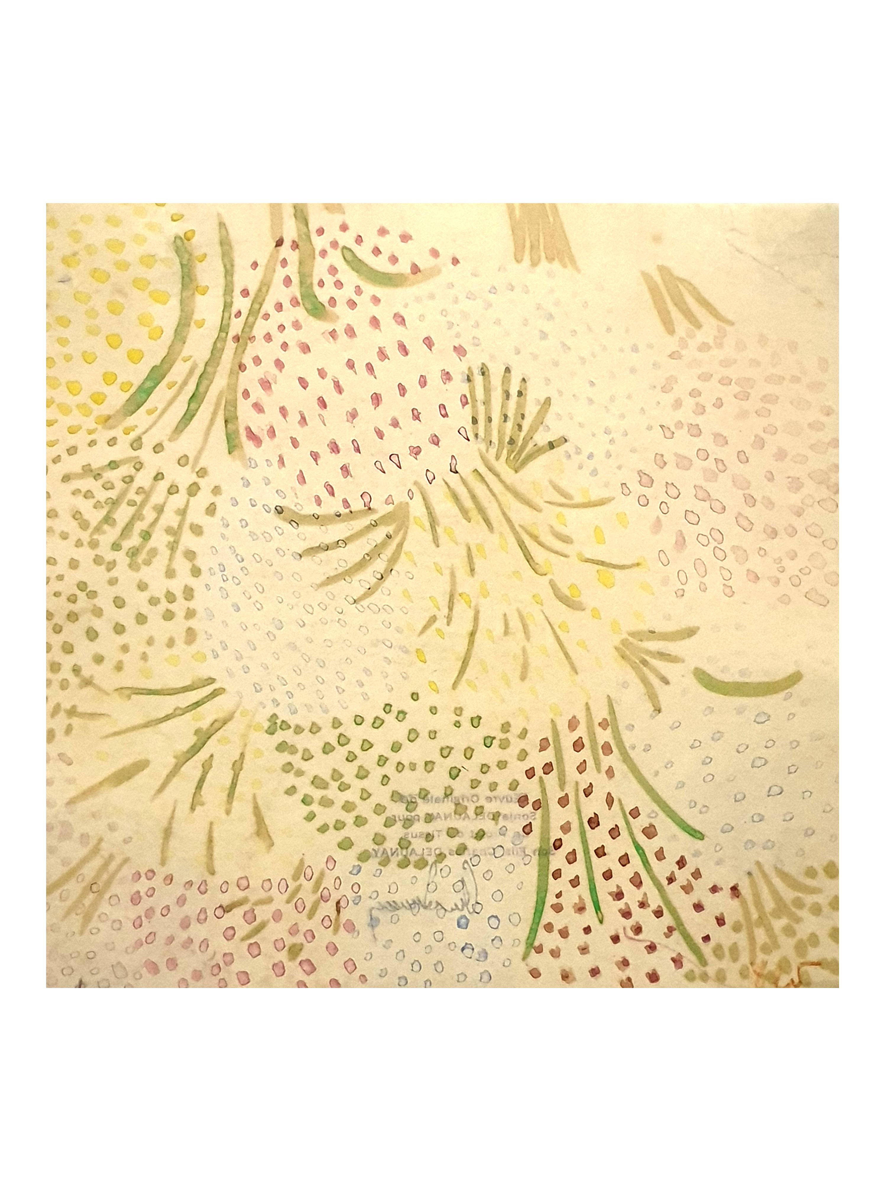 Sonia Delaunay - Aquarelle originale sur papier
Dimensions : 21 x 21 cm.
Authentifié par son fils Charles Delaunay au dos.


Sonia Delaunay était connue pour son utilisation vive de la couleur et ses motifs audacieux et abstraits, brisant les