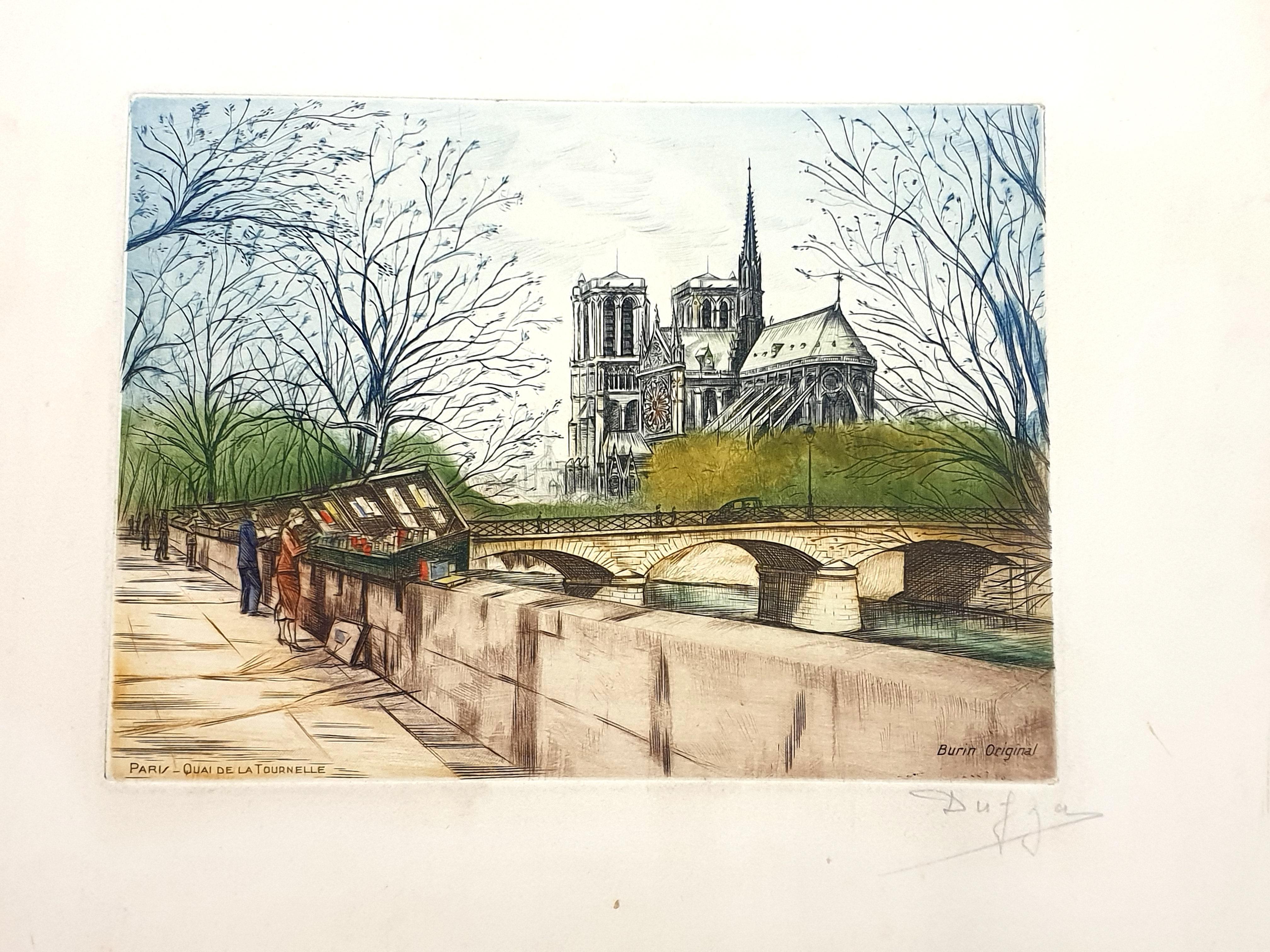 Dufza - Paris - Quai de la Tournelle - Original Handsignierte Radierung
Um 1940
Handsigniert mit Bleistift
Abmessungen: 20 x 25 cm 
Unnummeriert wie ausgegeben