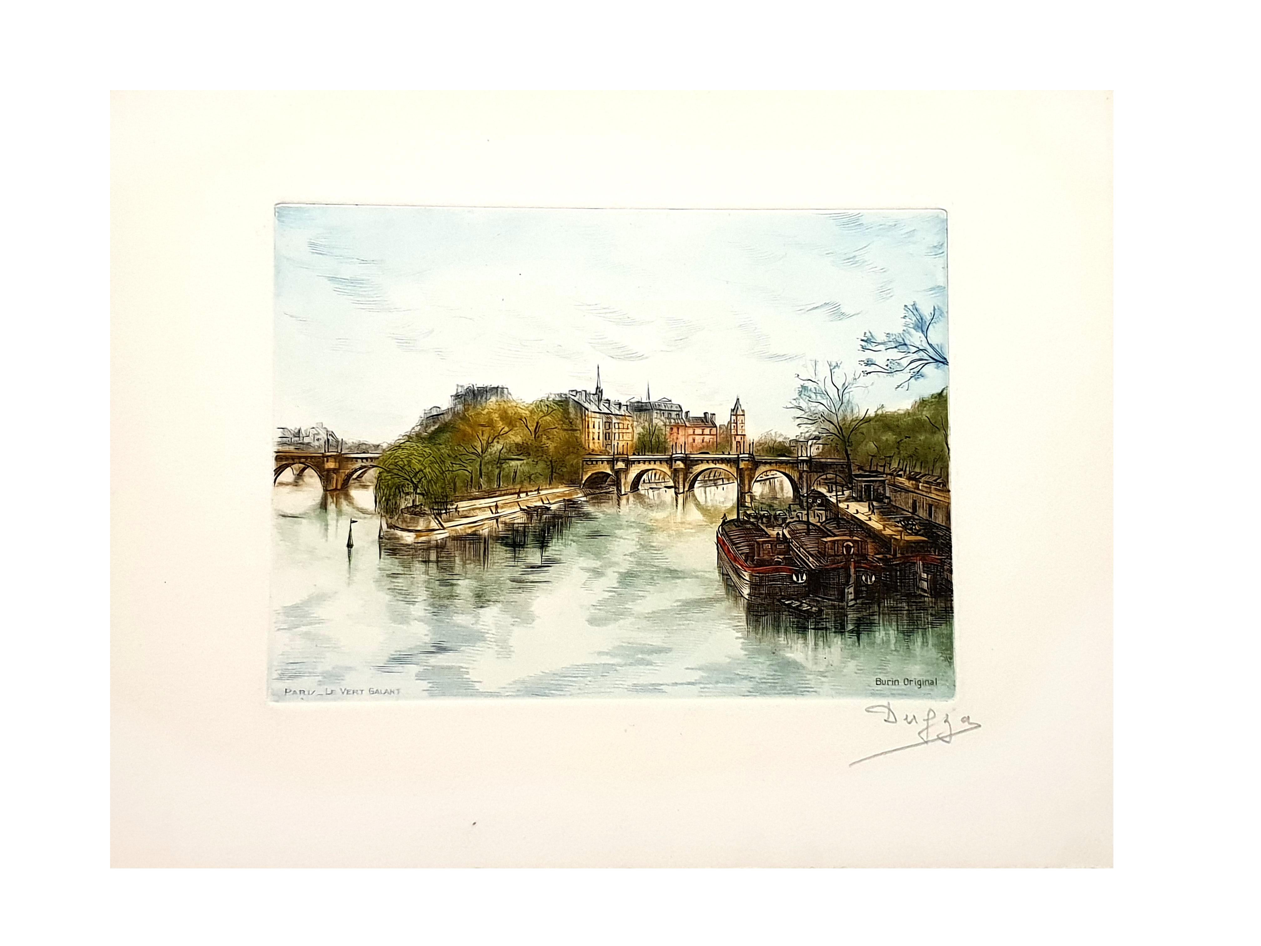 Dufza - París - Le Vert Galant - Grabado original firmado a mano en venta 2