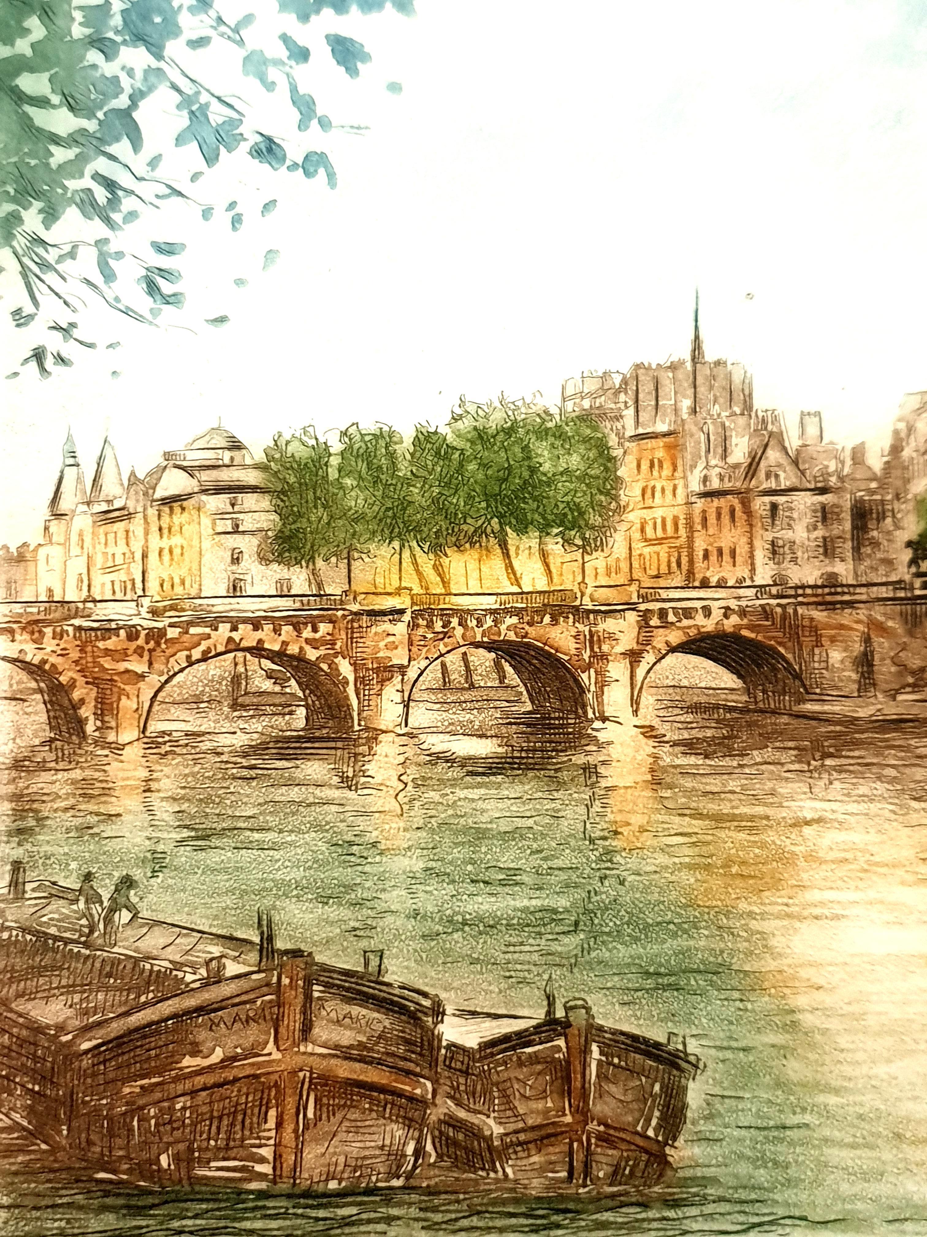 Dufza - Paris - Le Pont Neuf - Original Handsigned Etching For Sale 5