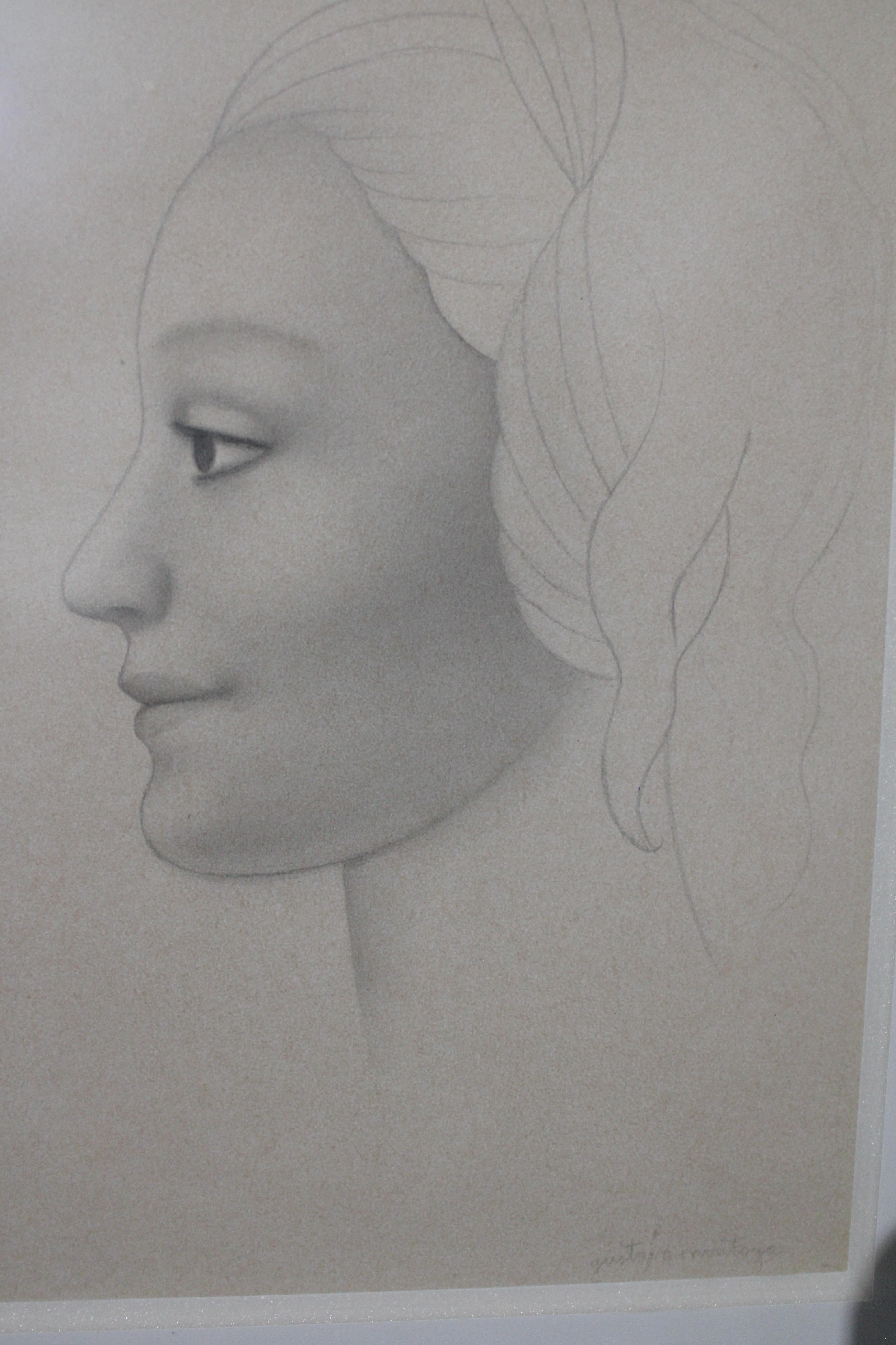 Montoya Drawing Lady On Profile lignes sur cheveux - Gris Abstract Drawing par Gustavo Montoya