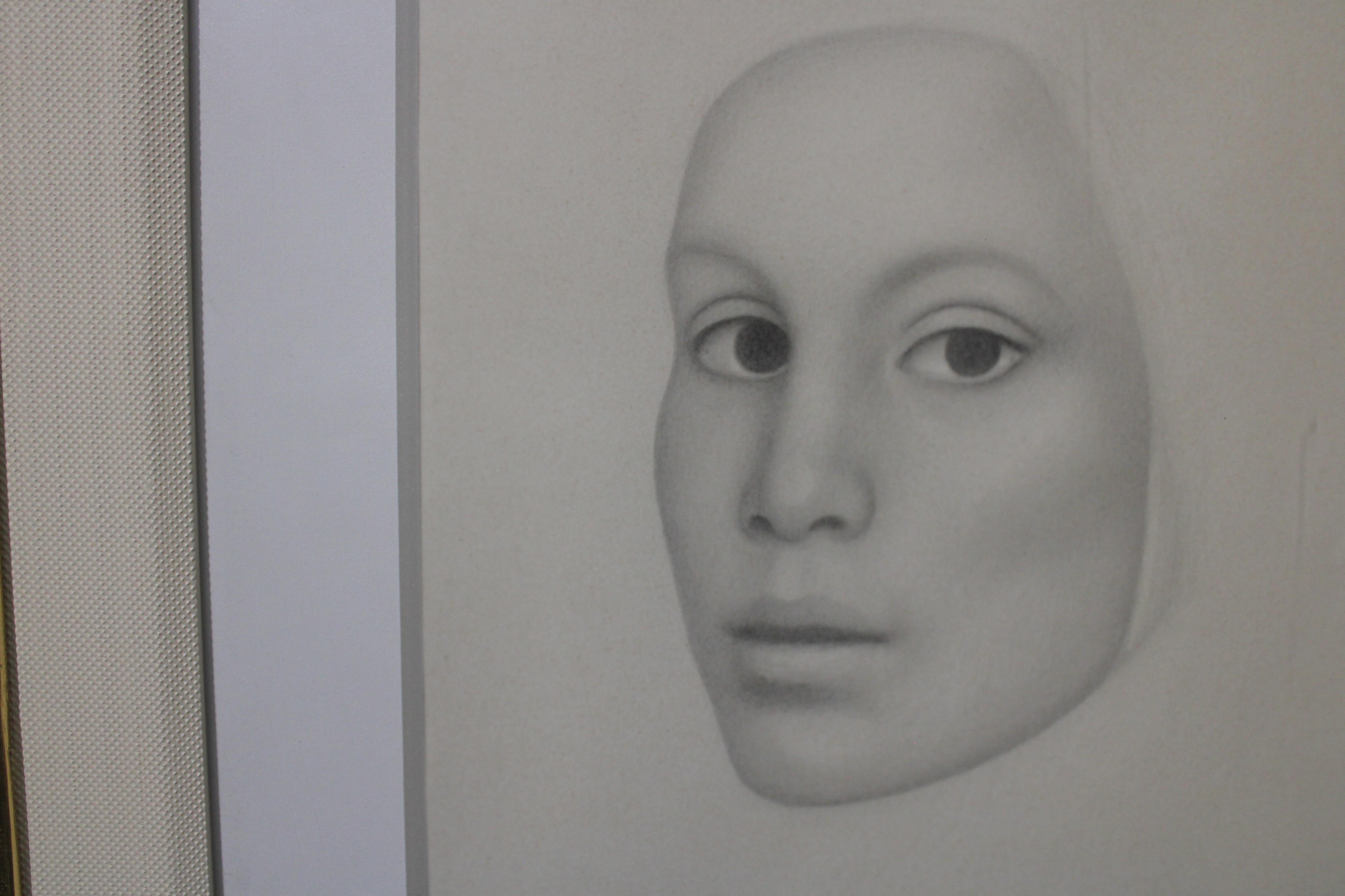 Montoya-Zeichnung, Lady With No Hair Face, Zeichnung (Beige), Abstract Drawing, von Gustavo Montoya