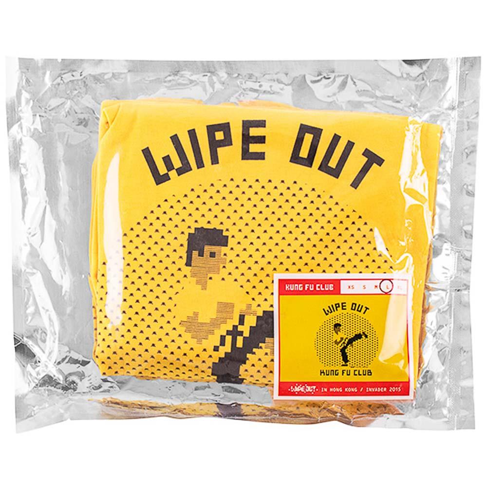 A very limited number of Invader t-shirts were released for each size in 2015 for his Wipe Out exhibition in Hong Kong. 
This is a rare yellow L.
Kung Fu graphic is made of little invader characters.
Image is based on Invader street piece from Hong