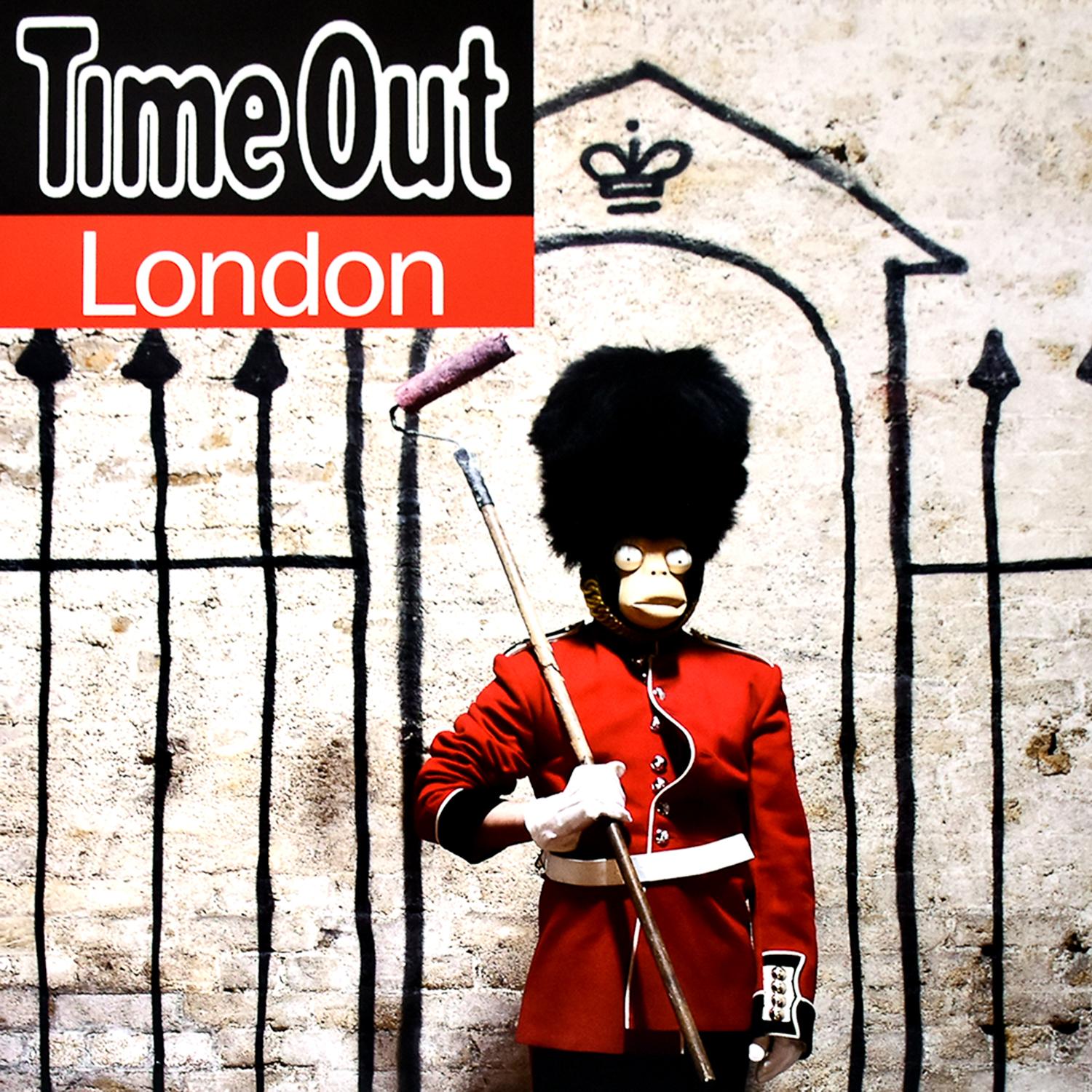 Awesome poster featuring Banksy disguised with a monkey mask and dressed in uniform as a the famous Kings Guard from the Buckingham Palace.
This special poster was issued on the occasion of the release of Banksy's movie Exit Through the Gift