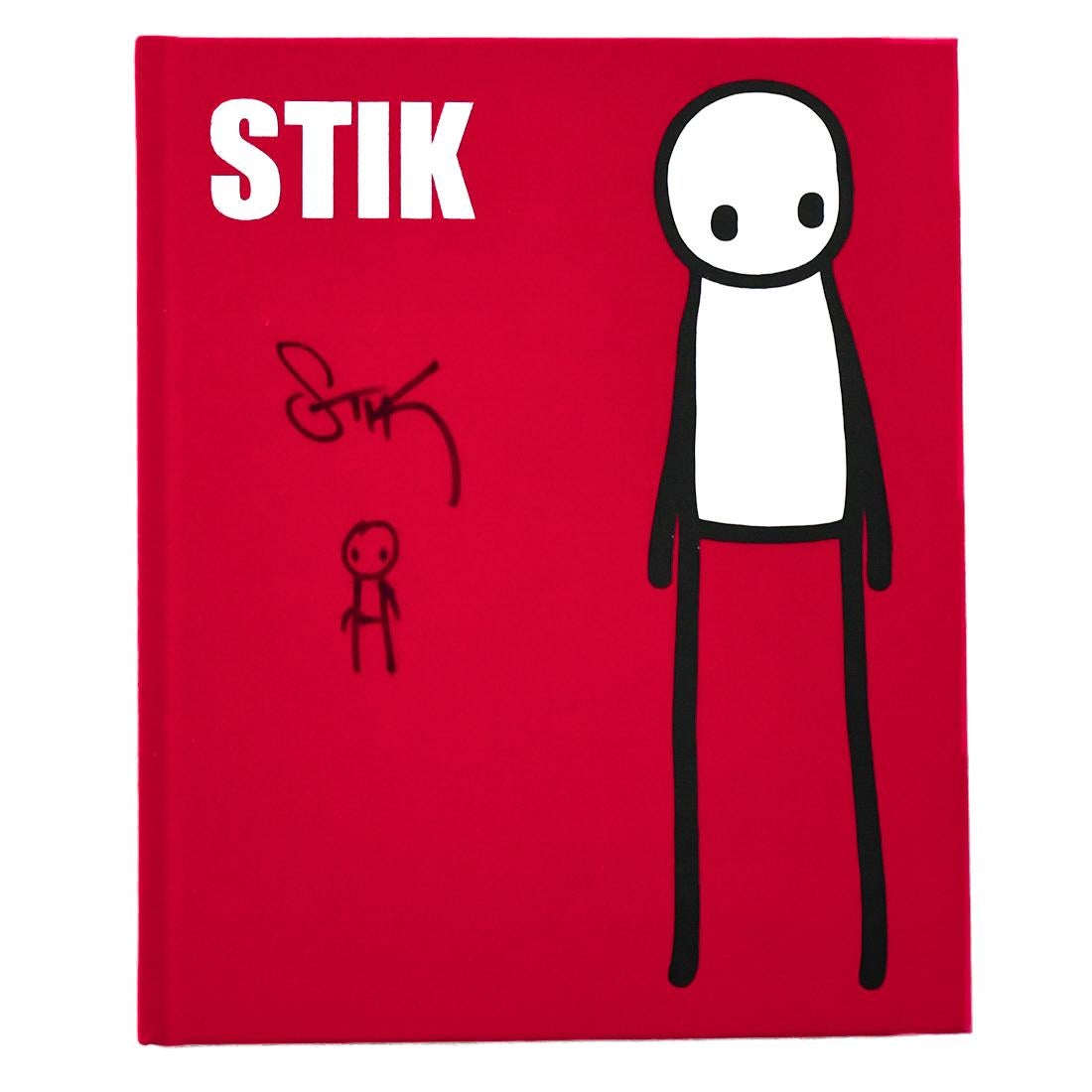 Amazing cover on UK artist Stik’s self titled book with drawing on cover.
Authored by Stik it contains stories and motivations behind his murals and other works from all over the world.
Hand signed by Stik with super cute figure on cover in black