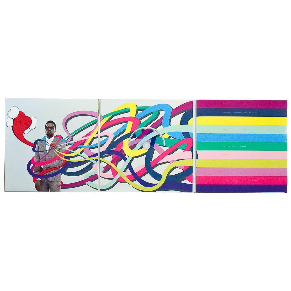Amazing Deluxe Edition Album with artwork by Kaws. Original release from 2008 not re-issue.
Kaws artwork is featured throughout this album on cover, gatefold and record labels.
Includes beautiful double sided poster. One side with Kanye and Kaws