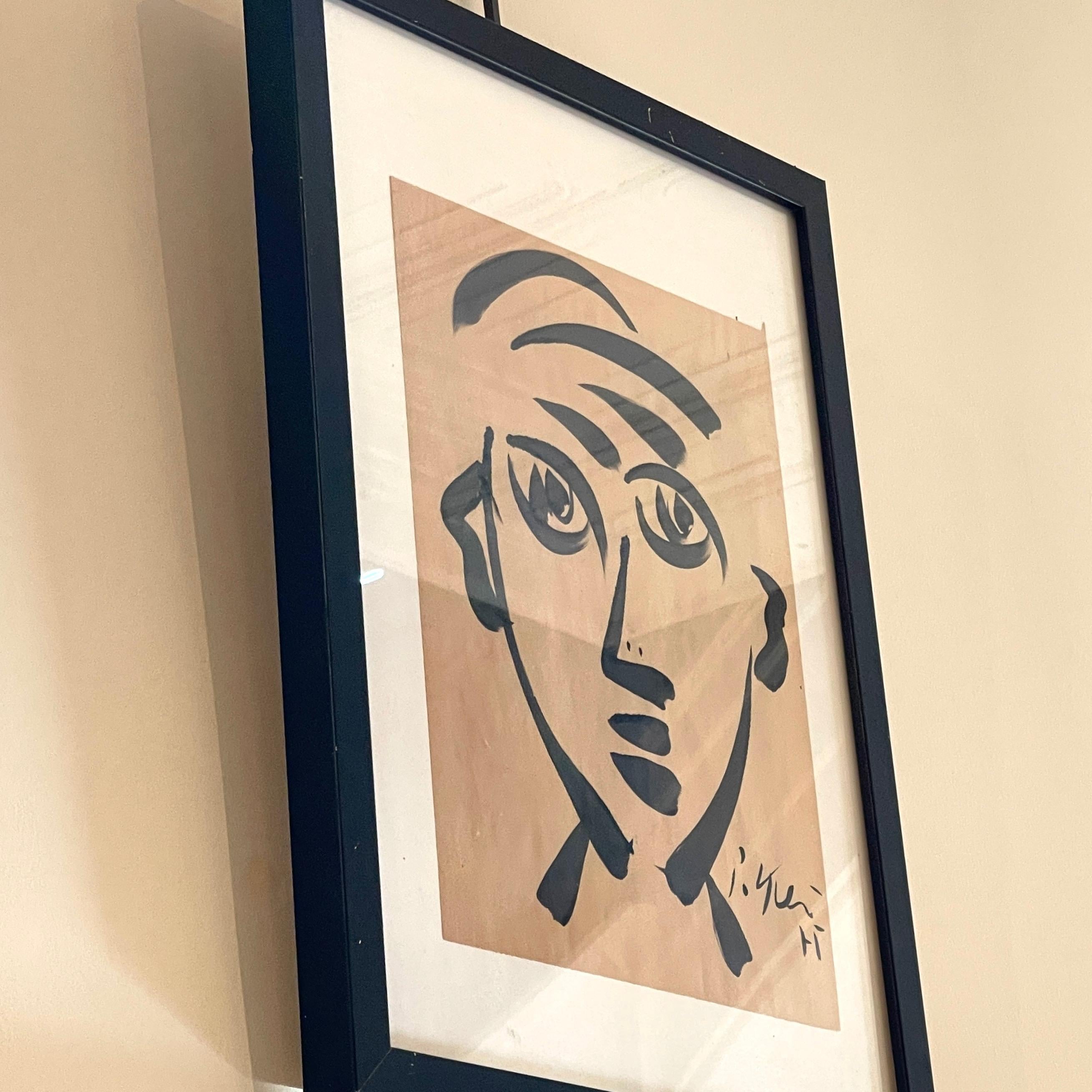 Early Ink on Paper Portrait in the Manner of Pablo Picasso - Beige Portrait Painting by Peter Keil