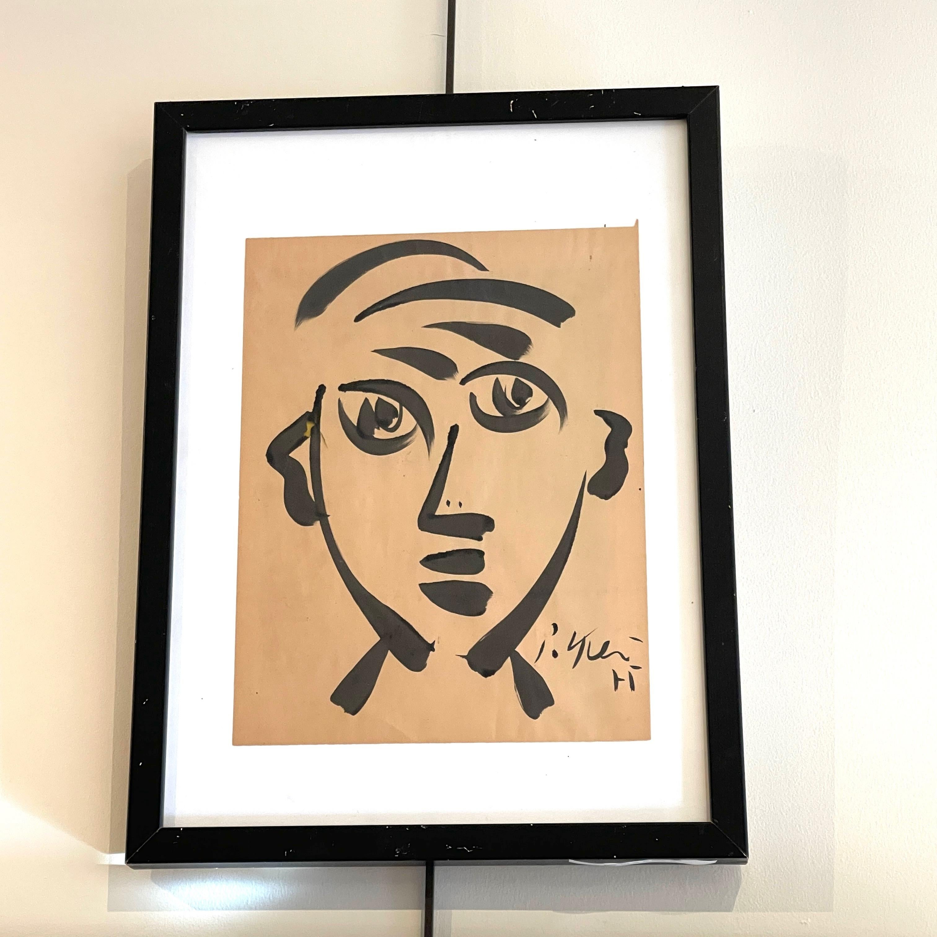 Early Ink on Paper Portrait in the Manner of Pablo Picasso - Abstract Expressionist Painting by Peter Keil