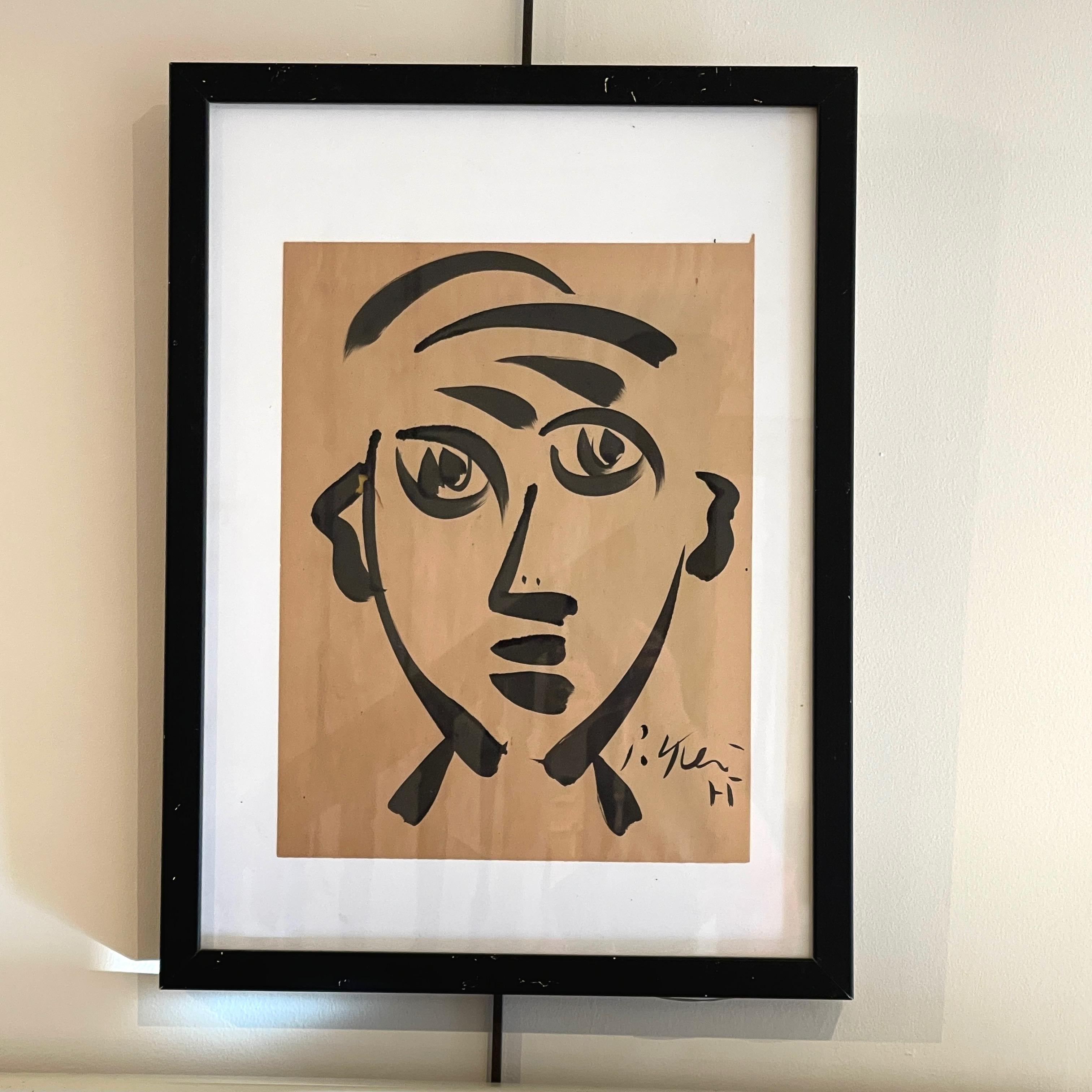 Early Ink on Paper Portrait in the Manner of Pablo Picasso - Painting by Peter Keil