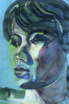 Pauline - contemporary emotive bold blue portrait painting, figurative artwork