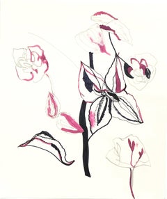 Orchids and Hydrangeas - red contemporary floral minimal abstract line painting