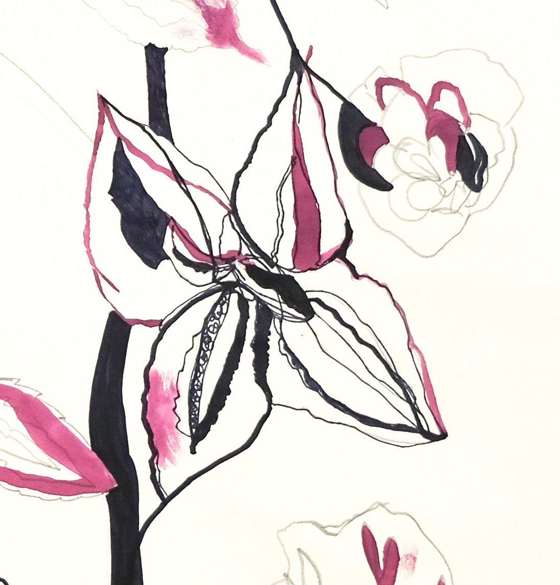 Orchids and Hydrangeas - red contemporary floral minimal abstract line painting - Art by Adria Mirabelli