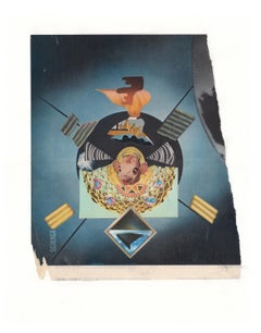Wax Gavisti - blue contemporary collage, found images, multicolored cow artwork