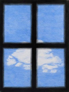 Looking Out - blue contemporary original window cloud coloured pencil drawing