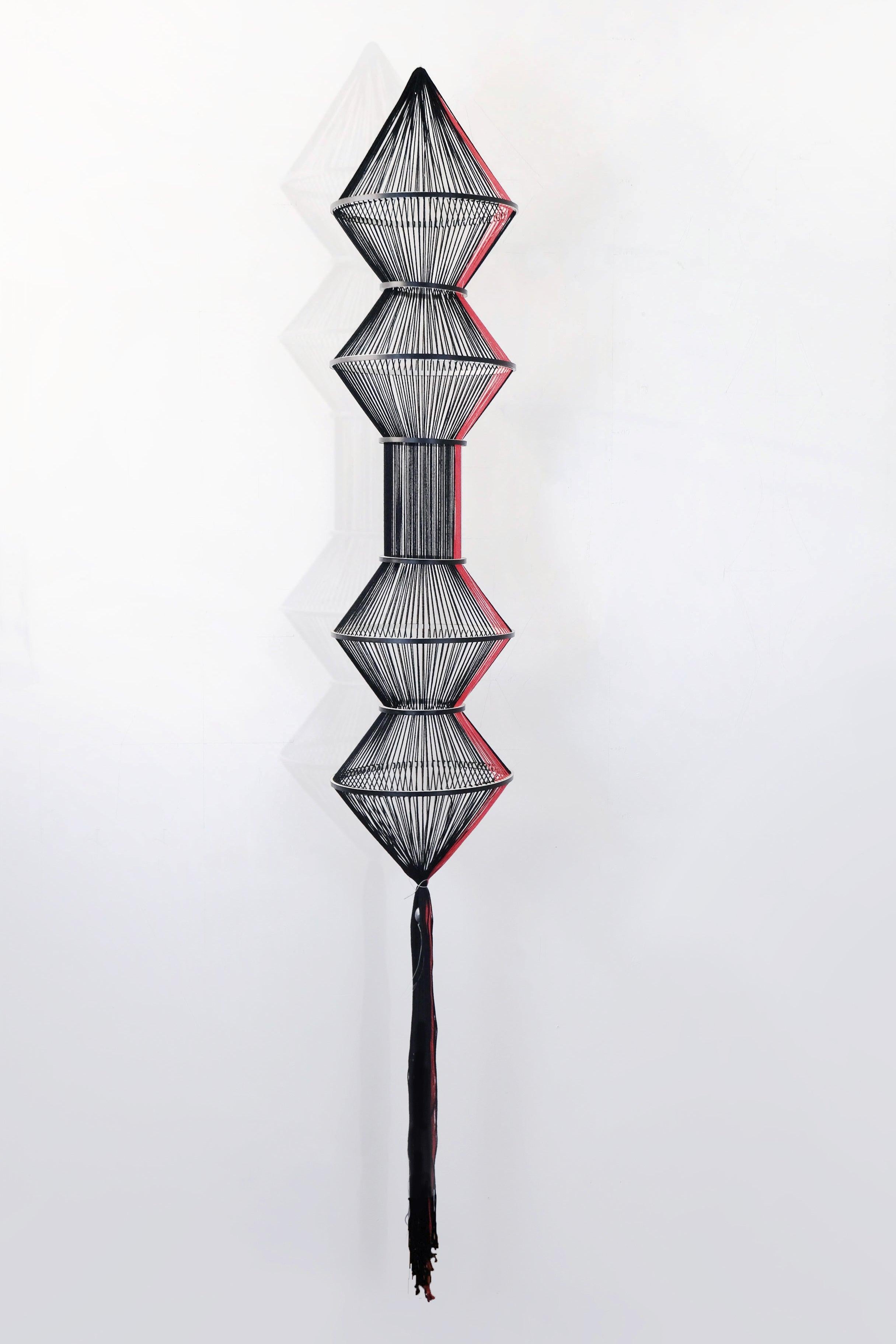 Weave #1 - contemporary abstract hanging sculpture, red, black, thread, wool - Art by Sofia Escobar